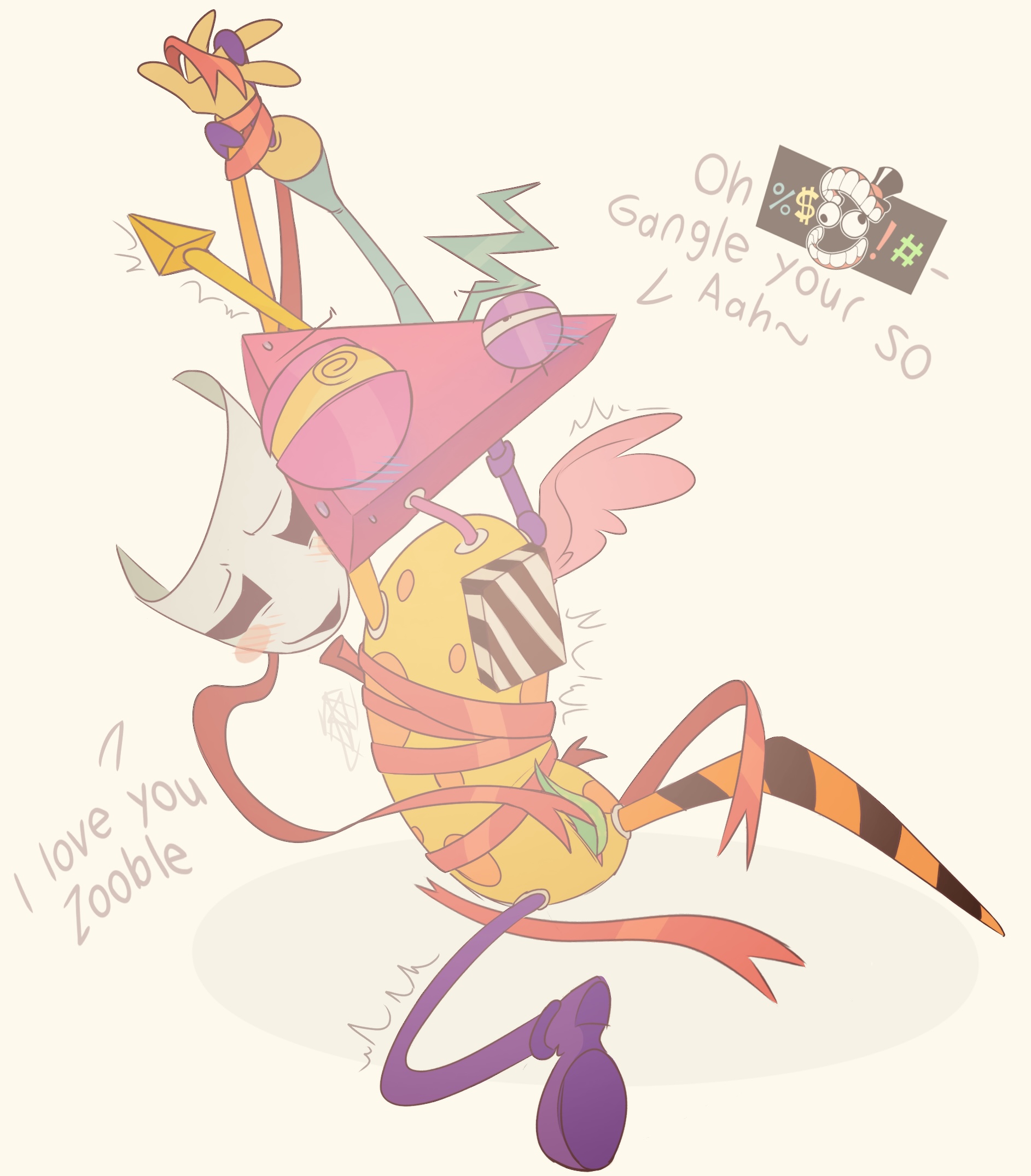 behind another, canon couple, female, futa on female, futanari, gangle (the amazing digital circus), handjob, intersex, male, penis, pleasure face, ribbon bondage, shaking, speech bubble, tentacle dick, the amazing digital circus, wings, yuri, zooble (the amazing digital circus)