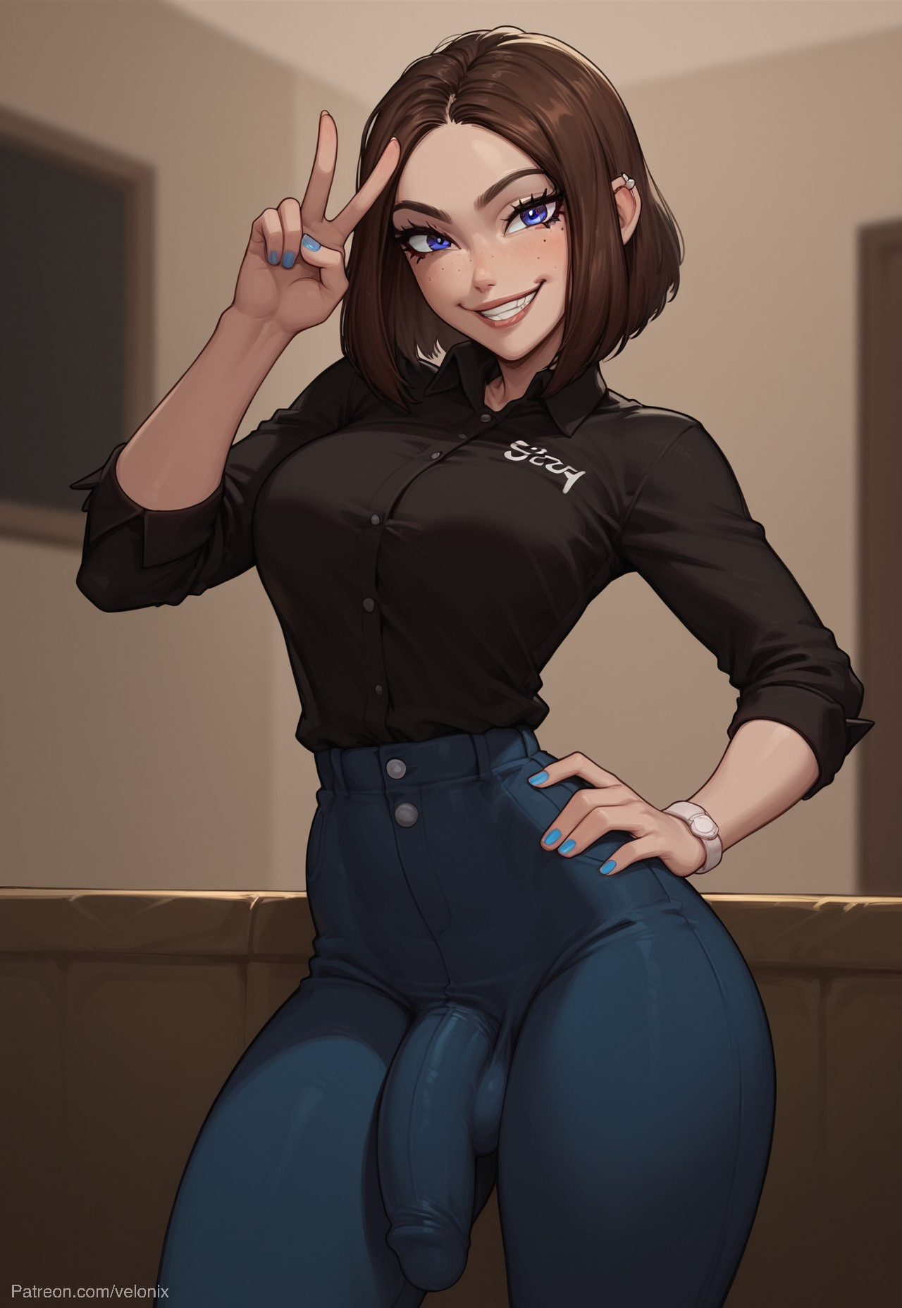 1futa, abs, ai generated, ass, balls, big ass, big breasts, big butt, big hips, big penis, black shirt, blue eyes, blue pants, breasts, brown hair, cleavage, dick, dickgirl, eyebrows, eyelashes, futa only, futanari, grin, grinning, grinning at viewer, hair, hands-free, huge cock, indoors, intersex, lips, long hair, looking at viewer, makeup, medium hair, muscular, narrow waist, narrowed eyes, nose, pants, penis, samsung, samsung galaxy, samsung sam, seducing, seductive, seductive eyes, seductive gaze, seductive look, seductive mouth, seductive pose, seductive smile, shirt, short hair, smile, smile at viewer, smiley face, smooth balls, smooth penis, smooth skin, solo, solo dickgirl, solo focus, solo futa, testicles, velonix