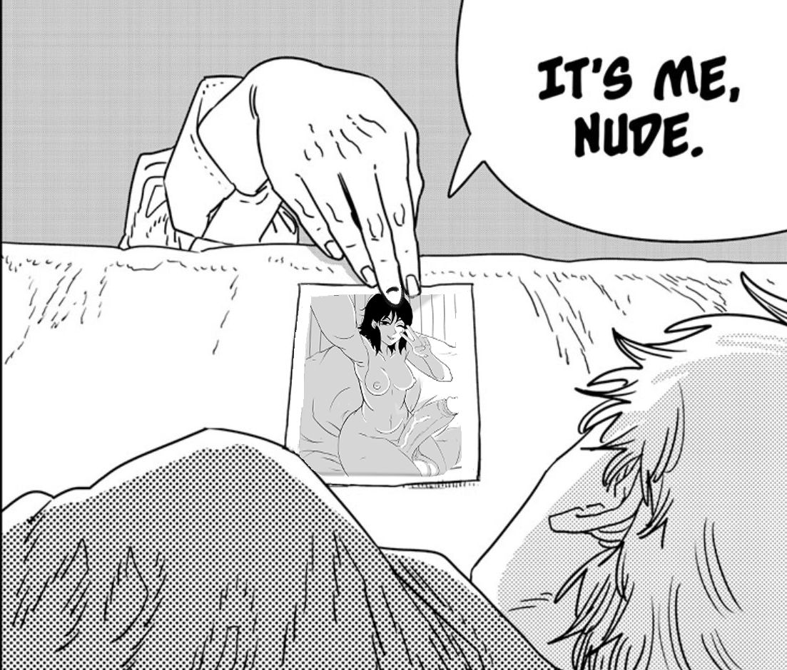 balls, breasts, chainsaw man, denji (chainsaw man), edit, english text, erection, futa focus, futanari, intersex, mifune fumiko, nipples, nude, penis, roothicc, speech bubble, testicles, uncensored