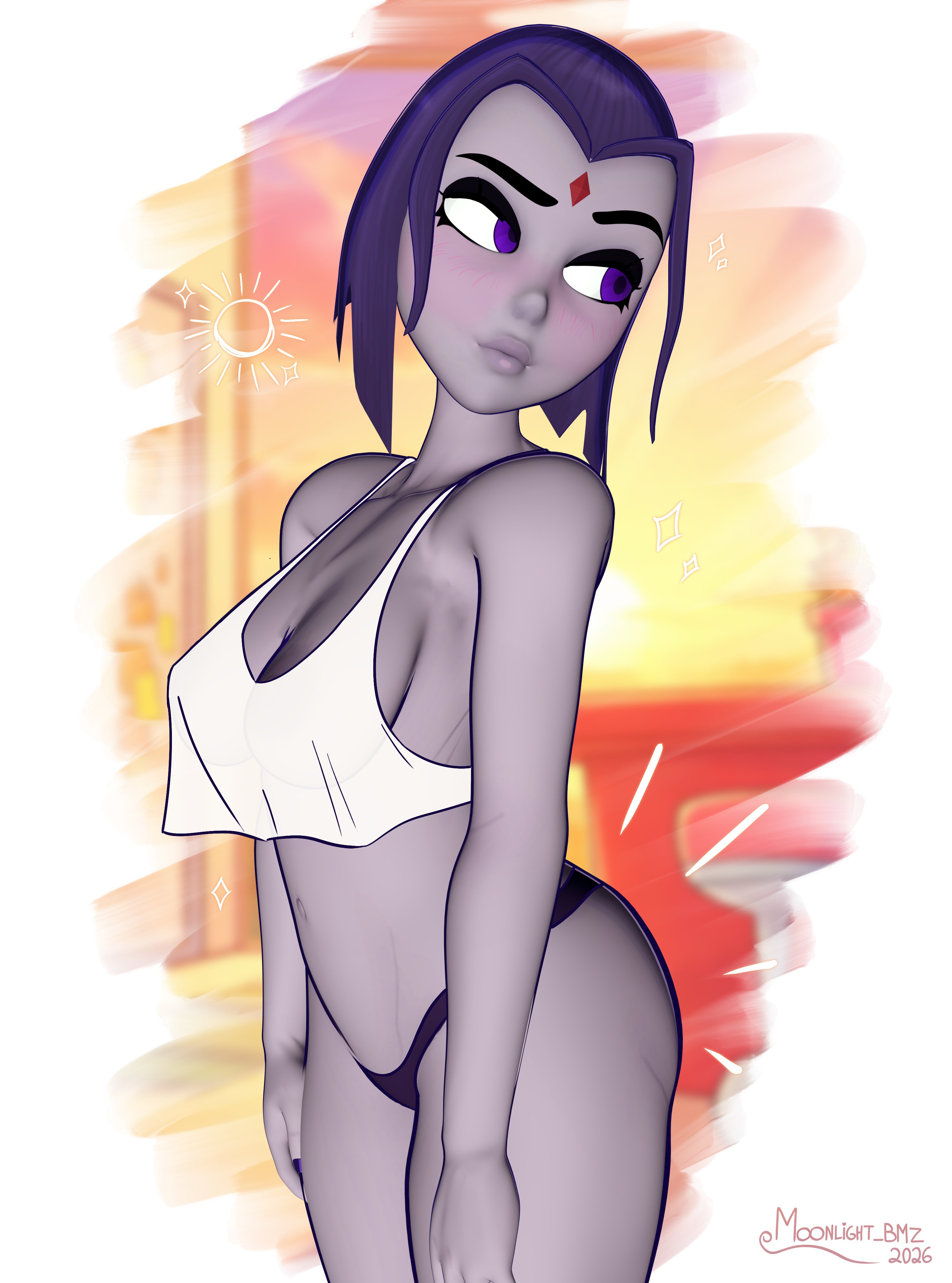 3d, big ass, big breasts, big lips, blushing, grey body, looking back, moonlight bmz, panties, raven (dc), tagme, teen titans, teenager