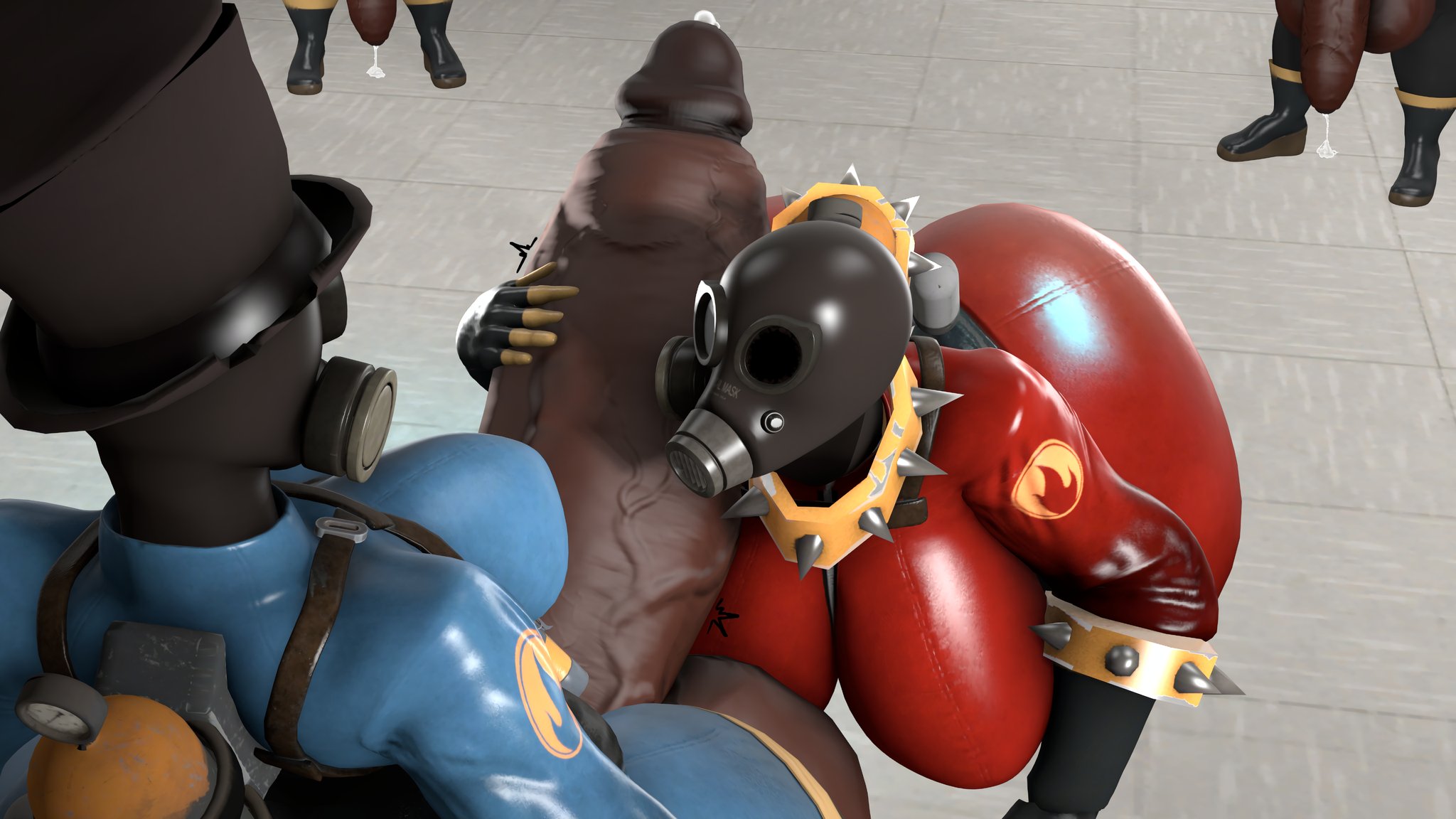 1futa, 1girls, 3d, 3d (artwork), 3futas, balls, ballsinmymouth, big ass, big balls, big breasts, big penis, black body, breasts, curvy, excessive genital fluids, excessive precum, female, fempyro, futanari, huge ass, huge balls, huge breasts, huge cock, humanoid penis, hyper, hyper balls, hyper penis, imminent gangbang, intersex, latex, latex clothing, latex suit, masked, masked female, masked futa, penis, penis awe, penis grab, penis on face, precum, pyro, pyro (team fortress 2), sfm, source filmmaker, team fortress 2, thick thighs
