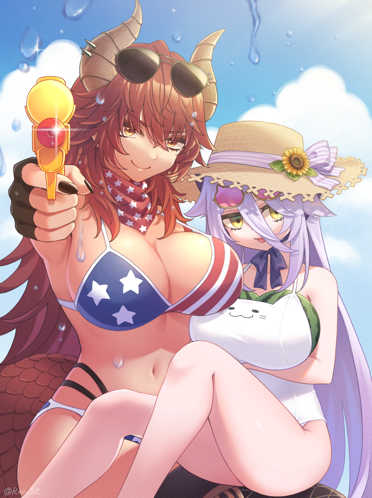 2girls, american flag, american flag bikini, american flag print, bikini, black gloves, blue bikini, blue sky, breasts, closed mouth, cloud, dragon girl, dragon horns, dragon tail, eyewear on head, female, fingerless gloves, flag print, flag print bikini, food, fruit, gloves, grey hair, hair between eyes, hair flaps, hat, henya the genius, henya the genius (summer), highres, holding, holding water gun, horns, indie virtual youtuber, large breasts, long bangs, long hair, looking at viewer, multicolored bikini, multiple females, multiple girls, navel, nekoyanagi reo, one-piece swimsuit, print bikini, red bikini, red hair, sky, small breasts, smile, straw hat, sunglasses, swimsuit, tail, tongue, tongue out, two-tone bikini, very long hair, virtual youtuber, water, water gun, watermelon, wet, white one-piece swimsuit, yellow eyes, zentreya, zentreya (cowboy bikini), zentreya (dragon)