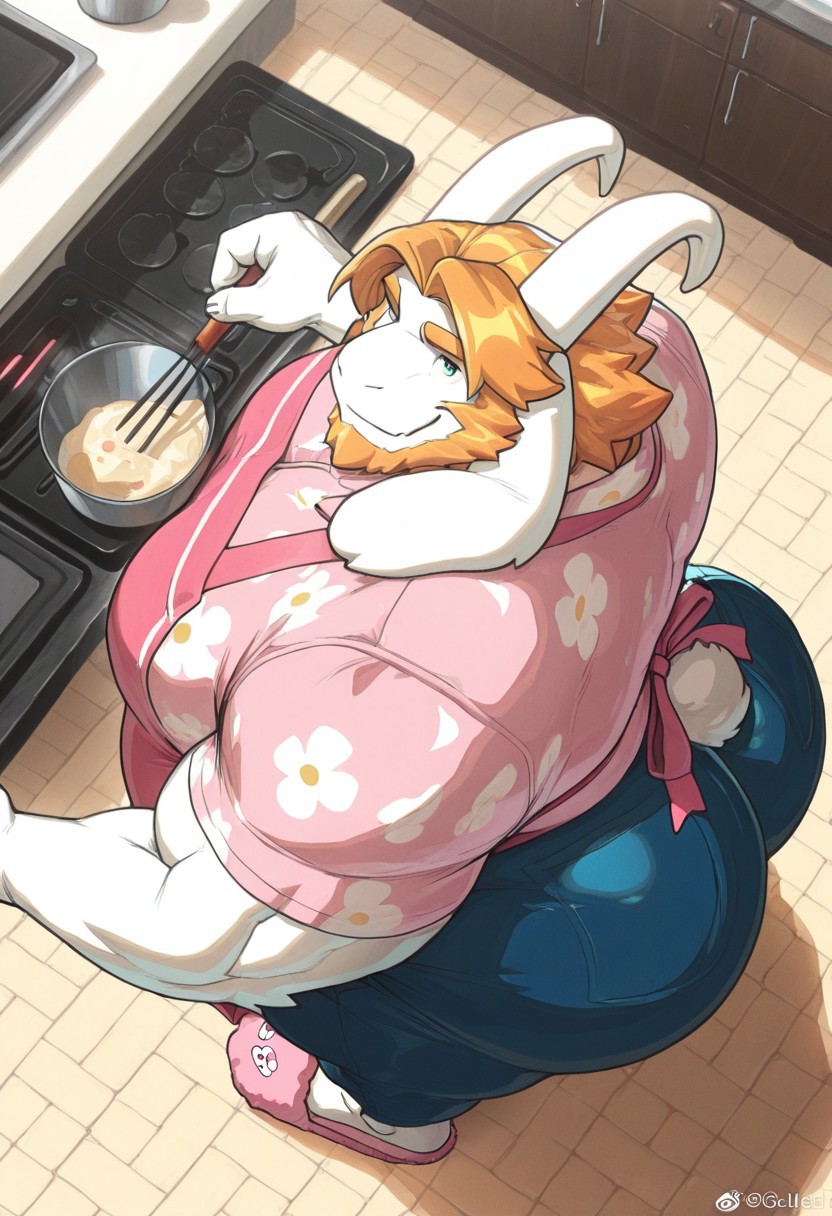 1boy, ai generated, anthro, apro, asgore dreemurr, bara, big ass, big ass (male), big butt, big chest, big pecs, blonde, blonde hair, blonde male, blonde-haired male, blue eyes, busty, cooking, daddy, dilf, furry, horns, huge ass, huge butt, huge chest, huge pecs, jeans, kitchen, looking at viewer, male, male only, muscular, muscular male, pecs, pot, slippers, solo, solo male, stirring, stove, tight pants, undertale, view from above, whisk, white body, wokywoky81, yaoi