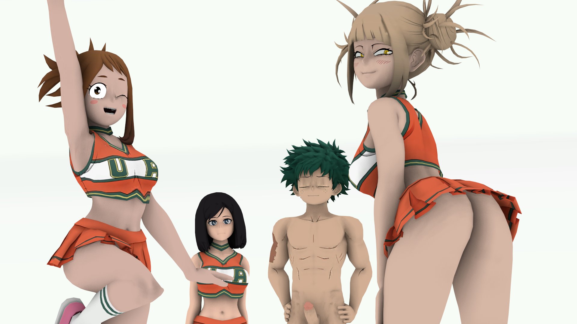 1boy, 3girls, ass, big breasts, black hair, black-haired female, blonde hair, blonde-haired female, blush, boku no hero academia, breasts, brown hair, brown-haired female, cheerleader, cheerleader uniform, dominica9, fat ass, female, green hair, green-haired male, himiko toga, izuku midoriya, kodai yui, male, midoriya izuku, my hero academia, no panties, ochako uraraka, thick thighs, toga himiko, uraraka ochaco, uraraka ochako, yui kodai