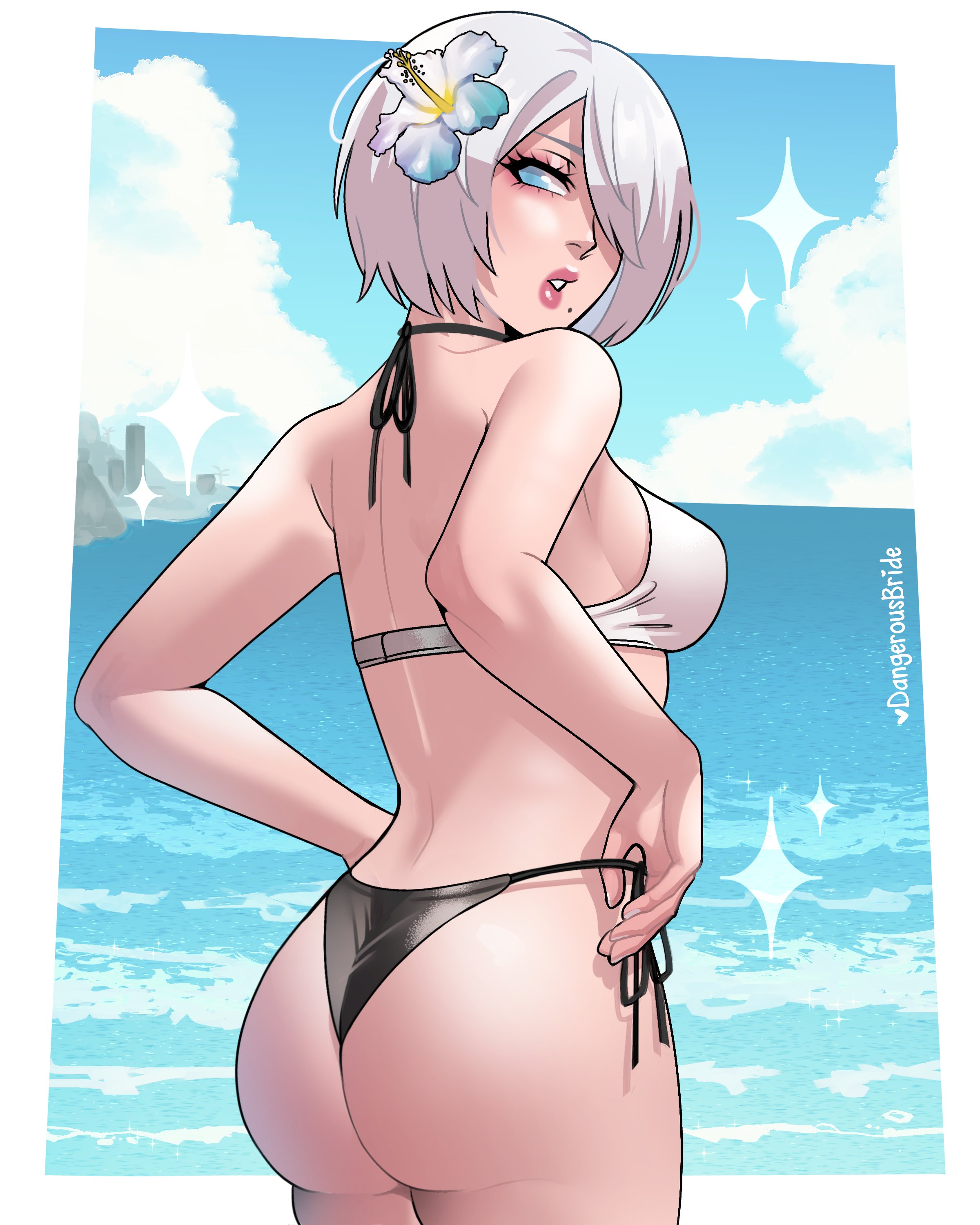 1girls, ass, bikini, blue eyes, dangerousbride, female, female only, flower in hair, hair over one eye, looking at viewer, looking back, looking back at viewer, mole, mole under mouth, nier: automata, pink lips, rear view, sea, side-tie bikini, solo, sparkles, thick ass, very high resolution, white hair, yorha 2b