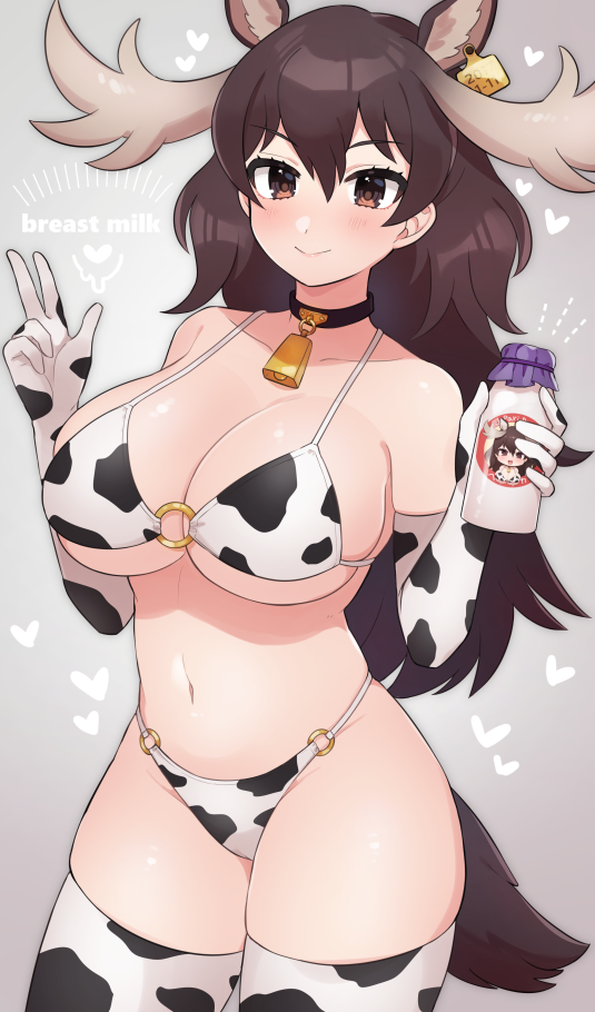 1girls antlers big_breasts bikini breasts collar cow_print cowbell elbow_gloves female female_only gloves kemono_friends kinakosuki looking_at_viewer moose_(kemono_friends) solo