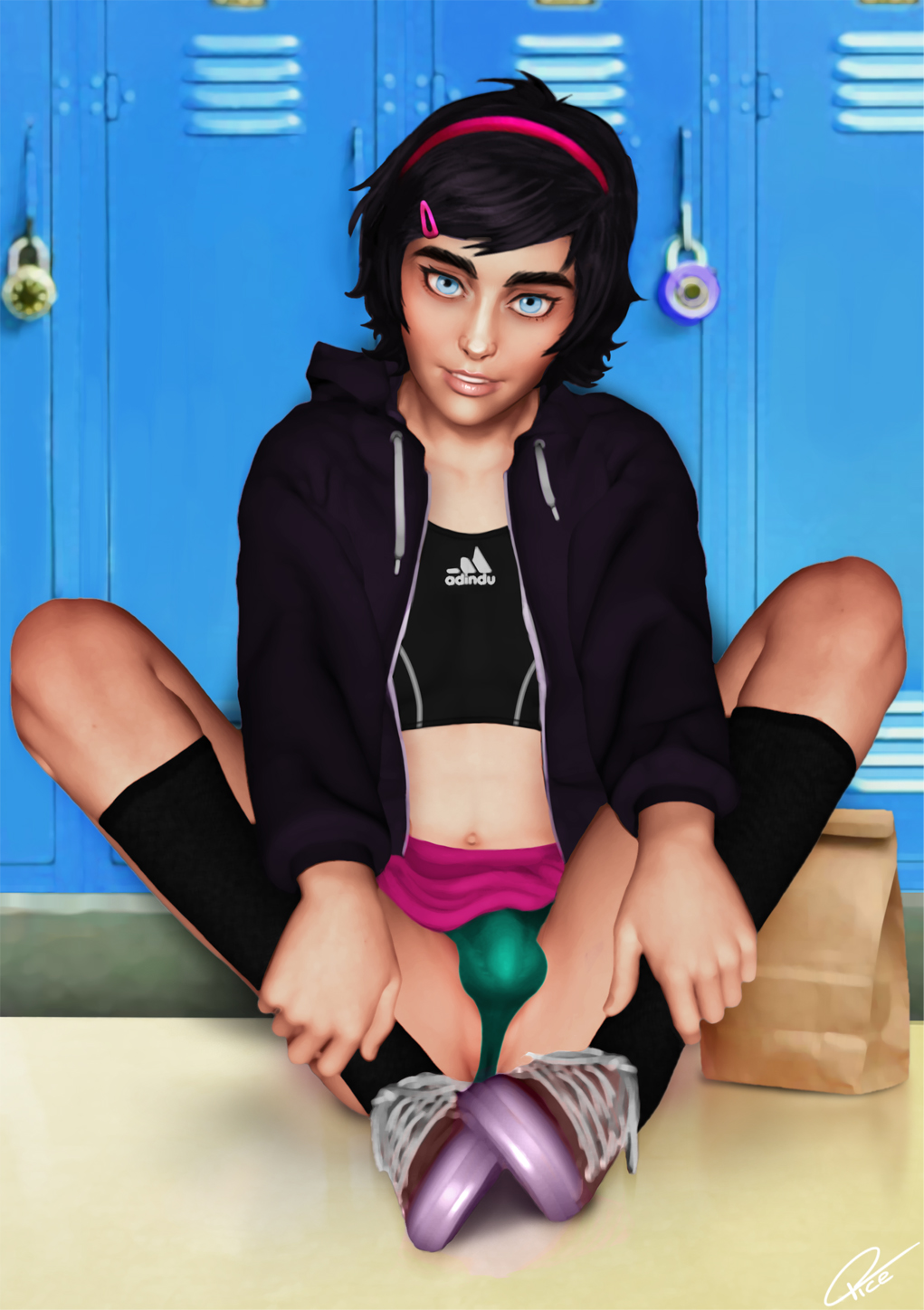 1boy alexis_(andava) andavaverse black_hair blue_eyes bulge femboy girly light-skinned_femboy male male_only panties r1ce short_hair sitting solo solo_male tagme trap