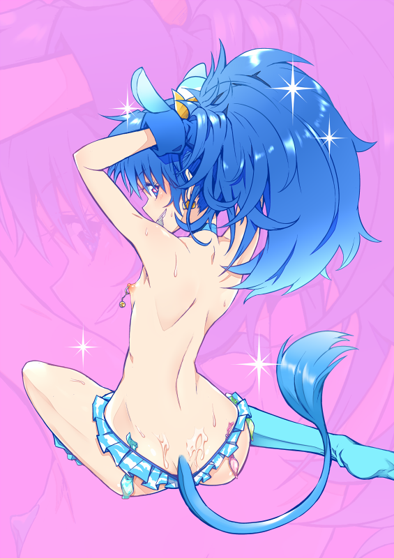 animal_ears arms_up ass back bikini bikini_bottom blue_bikini blue_bikini_bottom blue_choker blue_eyes blue_hair choker condom cum cum_on_body cum_on_upper_body cure_gelato extra_ears female flat_chest frilled_bikini frills from_behind heart heart-shaped_pupils kirakira_precure_a_la_mode lion_ears lion_tail long_hair looking_at_viewer looking_back magical_girl mouth_hold nipple_piercing nipples piercing pink_background precure pretty_cure shiny shiny_hair shiny_skin sitting smile solo stockings sweat swimsuit symbol-shaped_pupils tail tategami_aoi topless used_condom yuto zoom_layer