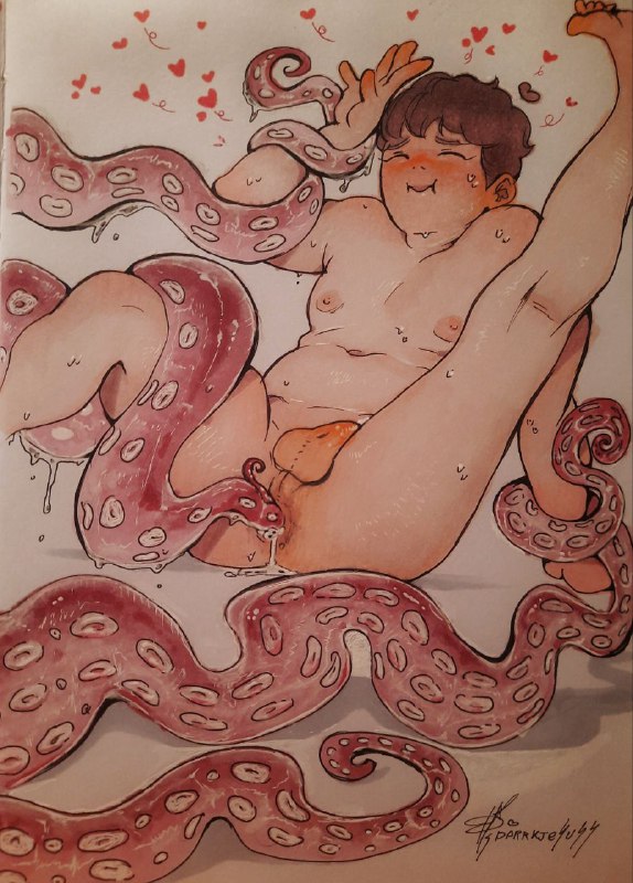anal, anal sex, balls, blush, chubby, chubby male, closed eyes, closed mouth, completely nude, darrkjesuss, gerard way, heart, looking pleasured, male, male only, my chemical romance, navel, nipples, nude, penis, solo focus, spread legs, tentacle, traditional media (artwork)