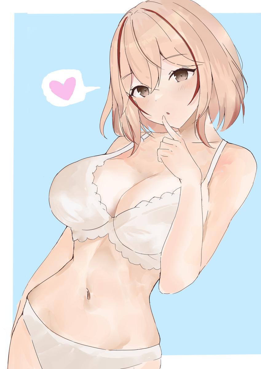 azur lane, blonde hair, blue background, blush, bra, breasts, brown eyes, cg, cleavage, collarbone, female, finger to mouth, hair between eyes, heart, large breasts, looking at viewer, multicolored hair, navel, panties, red hair, roon (azur lane), short hair, simple background, solo, spoken heart, streaked hair, underwear, underwear only, white border, white bra, white panties