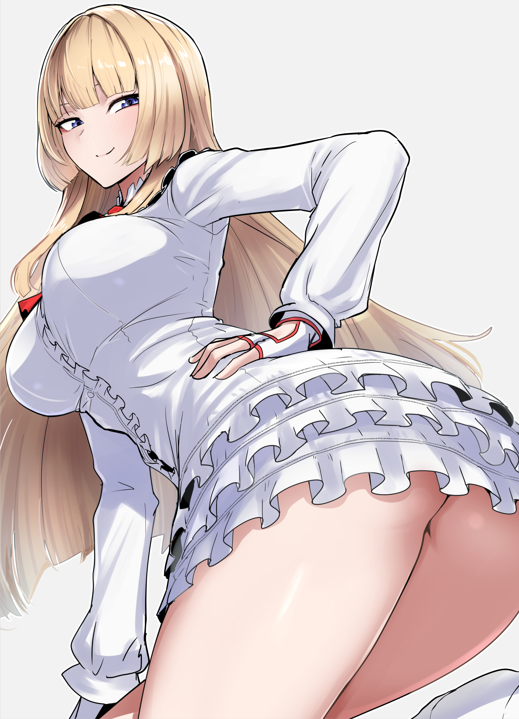 ass, ass focus, blonde hair, boots, breasts, clash kuro neko, dress, emilie de rochefort, female, female only, fingerless gloves, gloves, hand on own hip, highres, large breasts, long hair, long sleeves, looking back, namco, simple background, skirt, tekken, thick thighs, thighs, white background, white dress