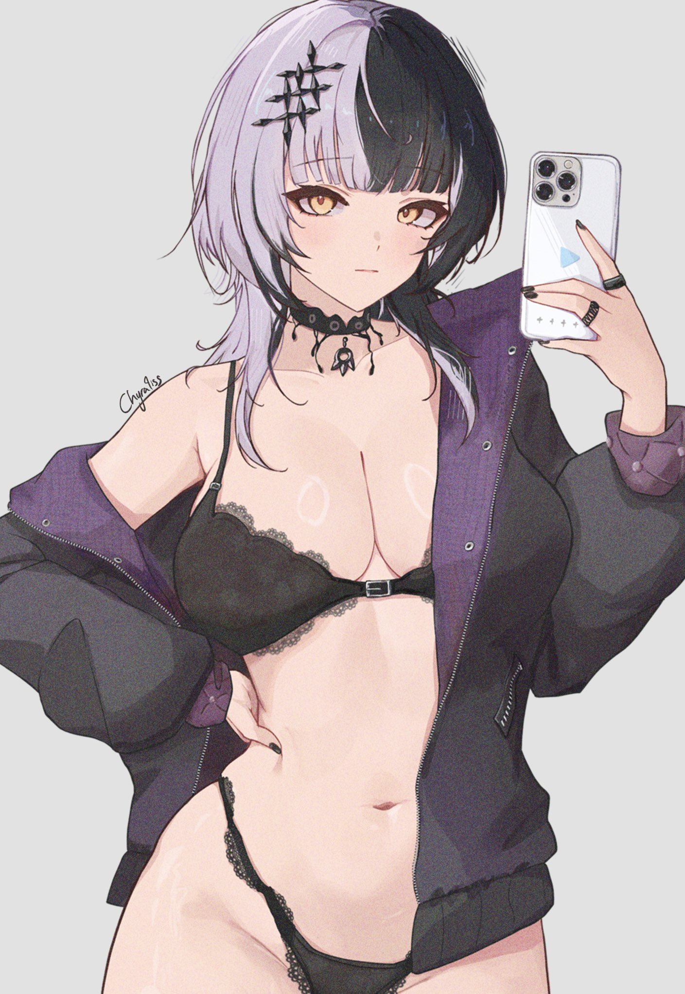 1girls, bra, breasts, chyraliss, female, female focus, female only, hololive, hololive english, hololive english -advent-, large breasts, light skin, light-skinned female, phone, selfie, shiori novella, solo, thick thighs, thighs, virtual youtuber, wide hips