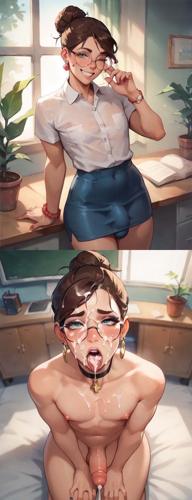 1femboy, ai generated, before and after, big penis, breasts, brown hair, bun hair, cum, cum on breasts, cum on face, cumshot, femboy, femboy focus, femboysub, flat chest, flat chested, glasses, light-skinned femboy, male, male only, naked, naked femboy, office sex, penis, round eyewear, round glasses, secretary, submissive femboy, thick penis