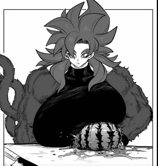 1girls, big breasts, black and white, breasts, breasts bigger than head, corelessmoter, crush, crushing, crushing object, dragon ball, dragon ball gt, fem gogeta, female, female gogeta, female only, female saiyan, fur, gogeta, huge breasts, large breasts, massive breasts, rule 63, saiyan tail, super saiyan 4, tail, watermelon, watermelon crushing