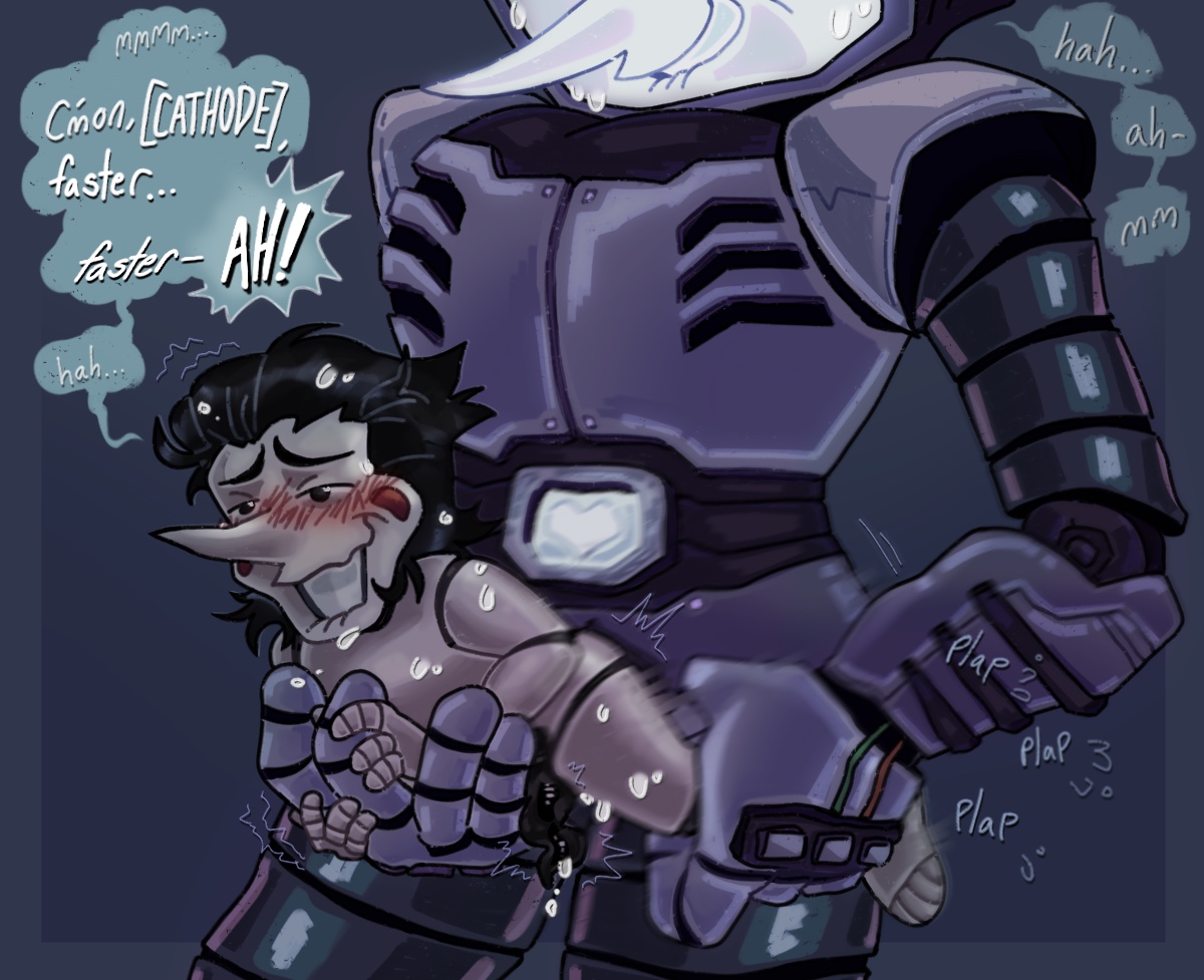 anal sex, deltarune, deltarune chapter 3, dialogue, dirty talk, doll joints, fanart, fleshlight position, gay, gay sex, holding legs, male, mannequin, mlm, moaning, non-human, penetration, penis, robot humanoid, shaking, size difference, smaller penetrated, spamtenna, spamton g spamton, stand and carry position, sweating, tenna (deltarune), tentacle on male, tentacle penis, text bubble, thrust lines, thrusting into ass