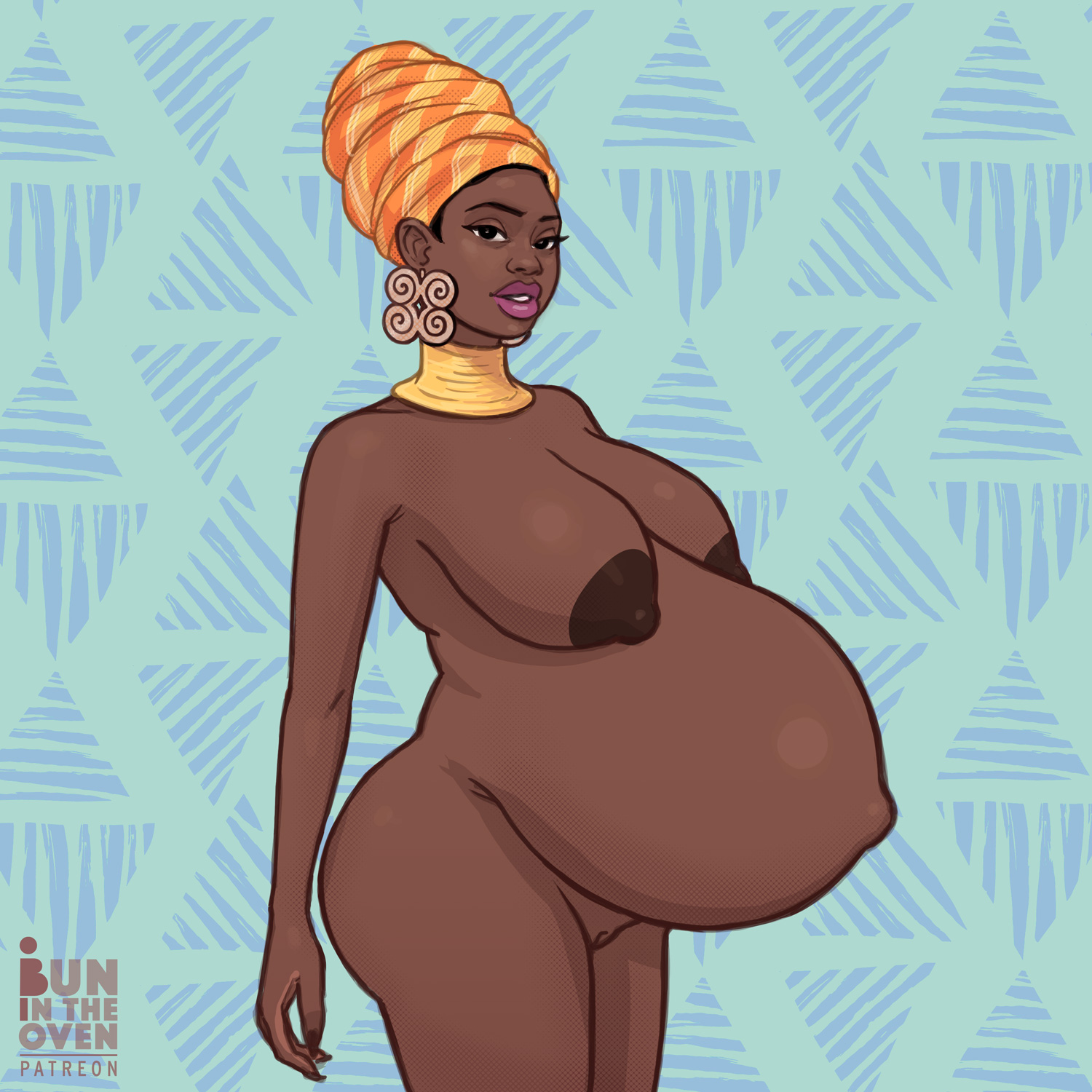 1girls, belly, big belly, big breasts, breasts, bunintheoven, dark nipples, dark skin, dark-skinned female, disproportional, earrings, female, hyper belly, hyper pregnancy, melanin, outie navel, pregnant, pussy, solo