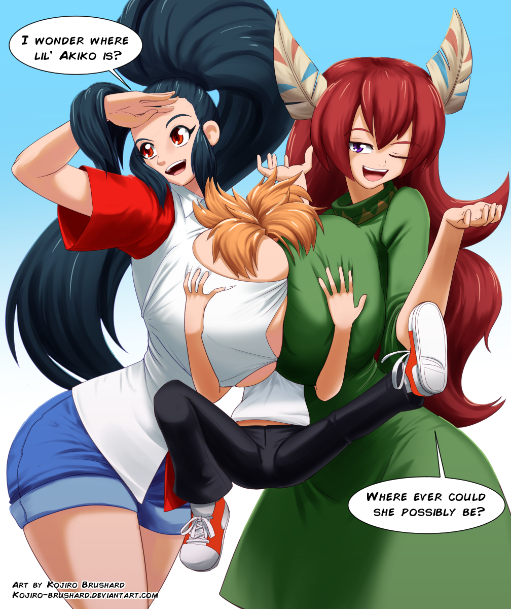 3girls akiko_(kojiro-brushard) between_breasts black_hair breast_grab breast_smother breasts clothed clothing commission deviantart female_only funny gigantic_breasts hair hips kojiro-brushard kojiro-highwind oc original_character original_characters ponytail purple_eyes red_eyes red_hair smothering symmetrical_docking voluptuous watermark wide_hips wynn_(kojiro-brushard)