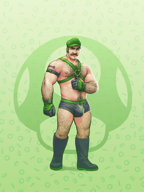 1boy 2017 armpit_hair bara body_hair boots boxer_briefs bulge facial_hair full_body green_background green_eyes hairy hairy_chest harness human leoleus luigi male male_nipples male_only manly mario_(series) masculine mature_male muscles mustache nintendo no_visible_genitalia partially_clothed penis_bulge simple_background solo standing super_smash_bros. tattoos underwear