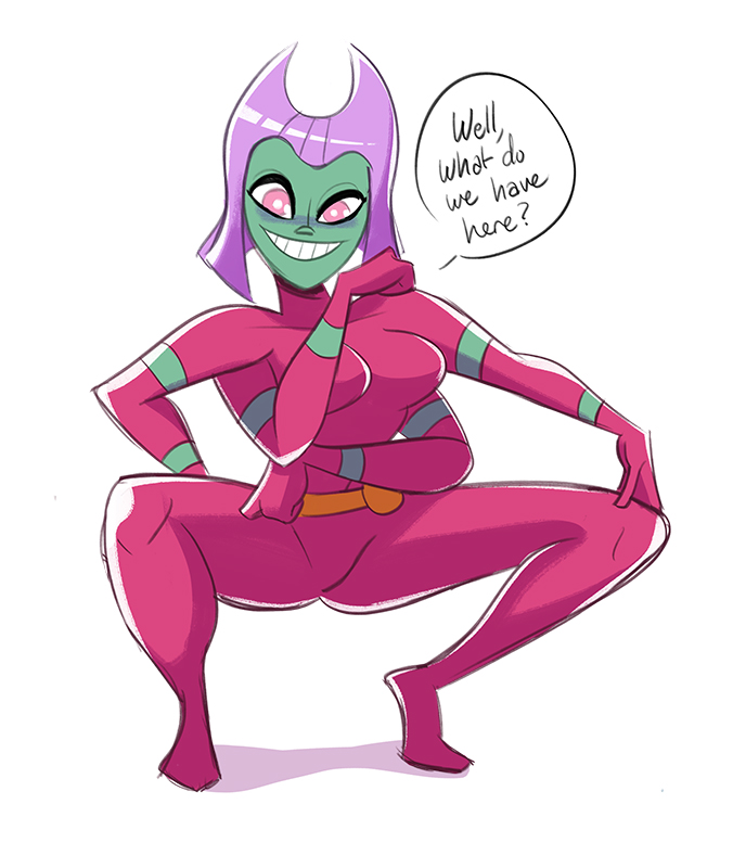 1girls, bodysuit, breasts, butt witch, dialogue, english text, female, green skin, lavender hair, looking at viewer, multi arm, multi limb, pink eyes, red bodysuit, red clothing, simple background, smile, solo, twelve forever, white background, yellow belt
