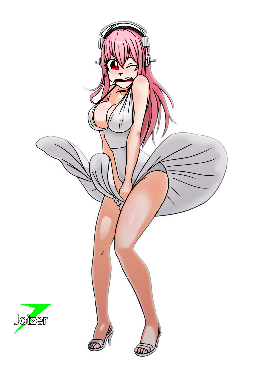 1girls cleavage cosplay female female_only high_heels joizer marilyn_monroe marilyn_monroe_(cosplay) open_toe_shoes parody pink_hair skirt_lift solo sonico super_sonico the_seven_year_itch white_background white_dress wink