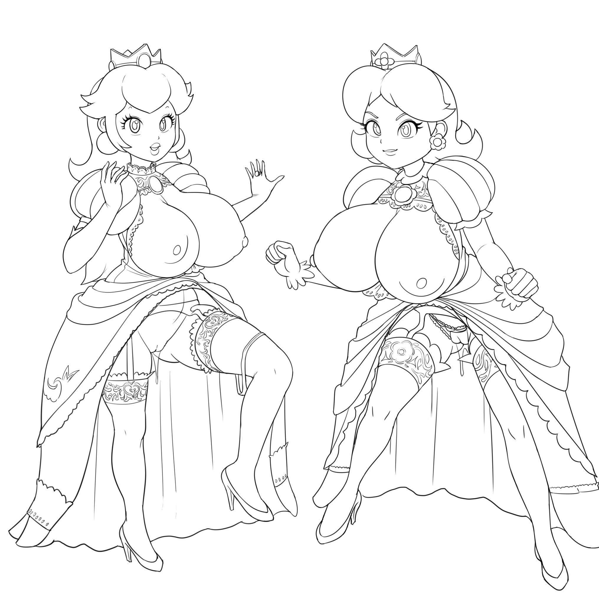 2girls, black and white, breasts, breasts out, crotchless panties, crown, dress, earrings, elbow gloves, female, female only, garter belt, garter straps, gloves, grey impact, high heels, human, large breasts, mario (series), nintendo, nipples, panties, panties around one leg, princess, princess daisy, princess peach, pussy, pussy juice, ring, royalty, shoes, stockings, tagme, thick thighs