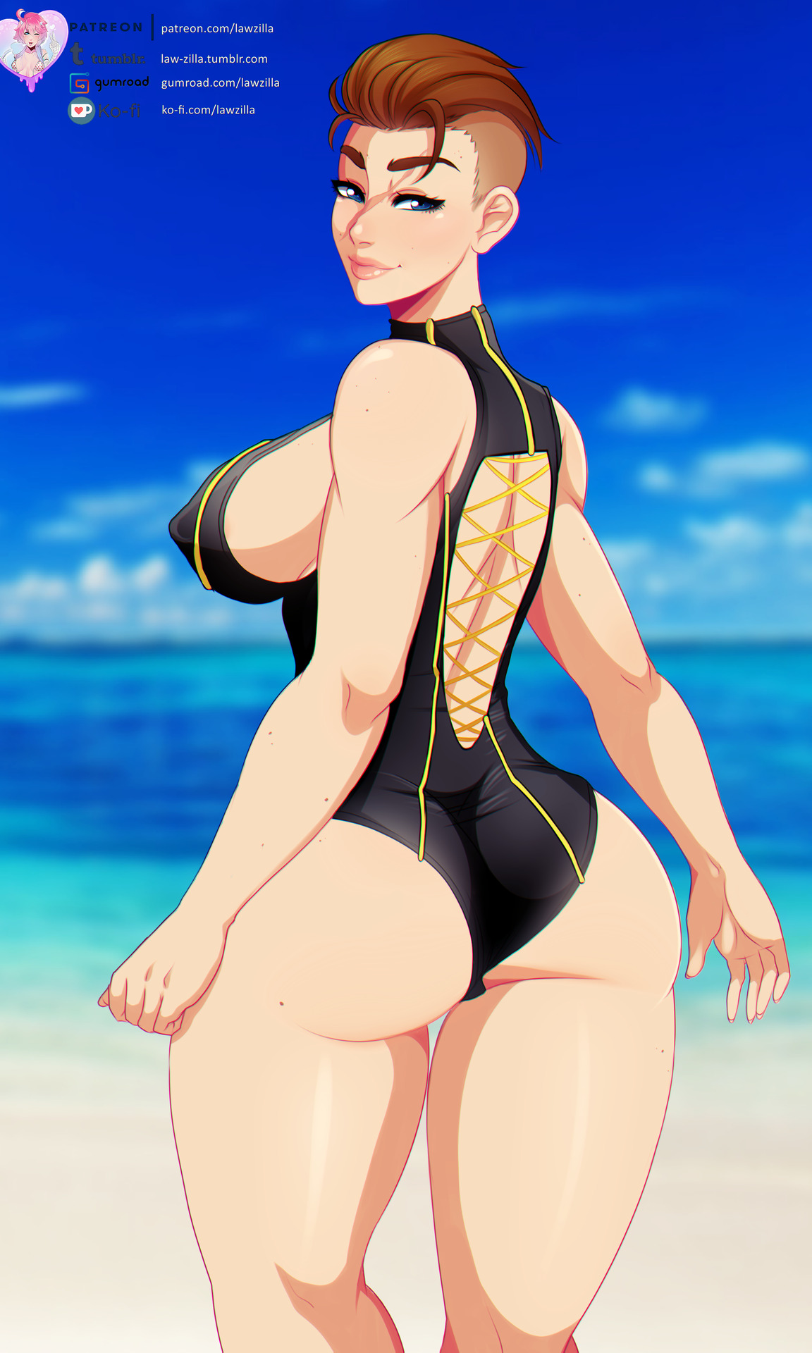 1girls, ass, beach, big ass, big breasts, blue eyes, breasts, female, female only, finka (rainbow six), law-zilla, looking at viewer, looking back, one-piece swimsuit, rainbow six, rainbow six siege, red hair, scar on face, short hair, smiling, solo, tagme, thick thighs, tom clancy, tomboy