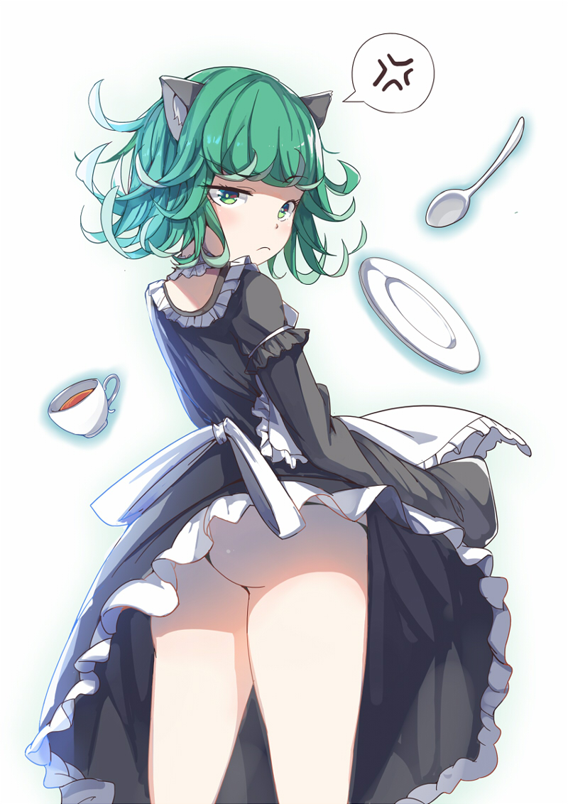 1girls, animal ears, ass, back, blush, clothing, costume, embarrassed, female, green eyes, green hair, looking at viewer, maid, one-punch man, solo, solo focus, superheroine, tatsumaki, telekinesis