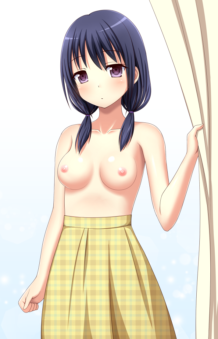 1girls bangs black_hair blush closed_mouth clothing cowboy_shot curtain_grab curtains eyebrows_visible_through_hair hair_between_eyes hand_up head_tilt ki_(kk-sk-ray) long_hair looking_at_viewer low_twintails medium_breasts plaid plaid_skirt pleated_skirt purple_eyes skirt solo standing tamura_yuri topless twintails watashi_ga_motenai_no_wa_dou_kangaetemo_omaera_ga_warui! yellow_skirt