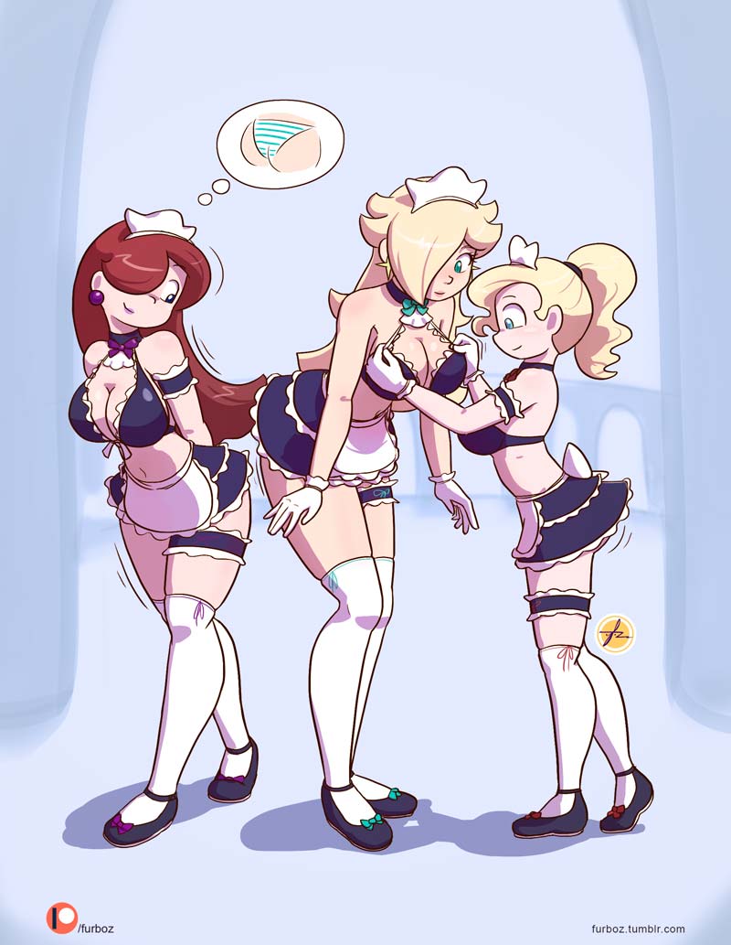 3girls adjusting_clothes ass balcony blonde blonde_hair blue_eyes blush blushing bow bowtie bra cleavage clothed clothes clothing cute ear_piercing earrings eyelashes female_only footwear french_maid furboz gloves hair hair_over_one_eye hair_tie hands_behind_back happy leggings legs legwear lips lipstick logo looking_at_butt looking_back looking_behind looking_down maid maid_headdress maid_uniform makeup mario_(series) motion_lines multiple_females nintendo panties peeping pink_lipstick ponytail princess_daisy princess_peach princess_rosalina purple_lipstick red_hair ribbon shadow shoes skirt smile smirk star staring stockings striped_panties thought_bubble upskirt white_gloves white_legwear