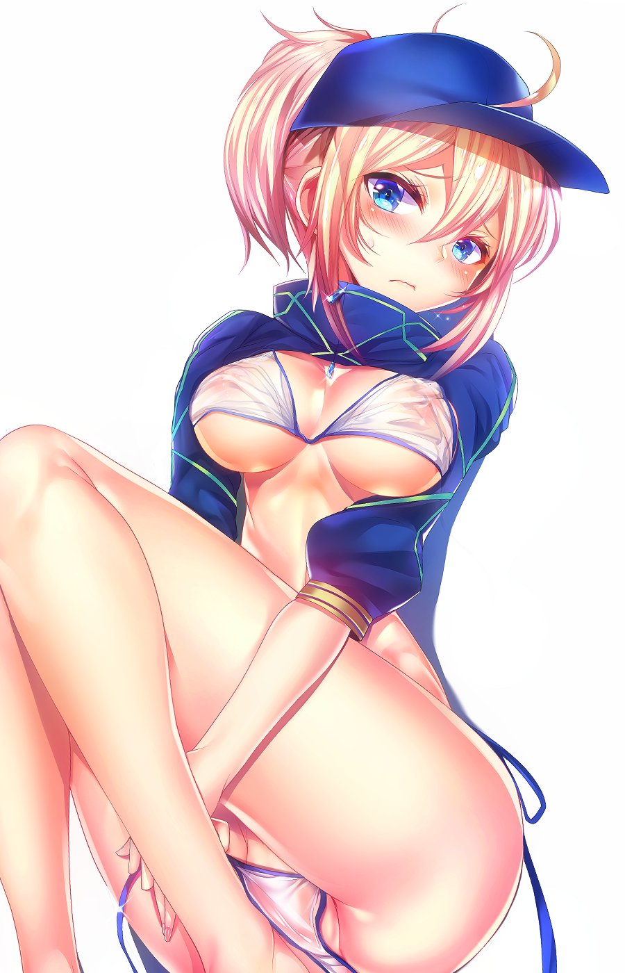 absurdres, artoria pendragon, blonde hair, blue eyes, clothes, fate (series), fate/grand order, female, highres, mysterious heroine xx (foreigner), nipples, see-through, see-through bra, silly (marinkomoe), stripping, undressing