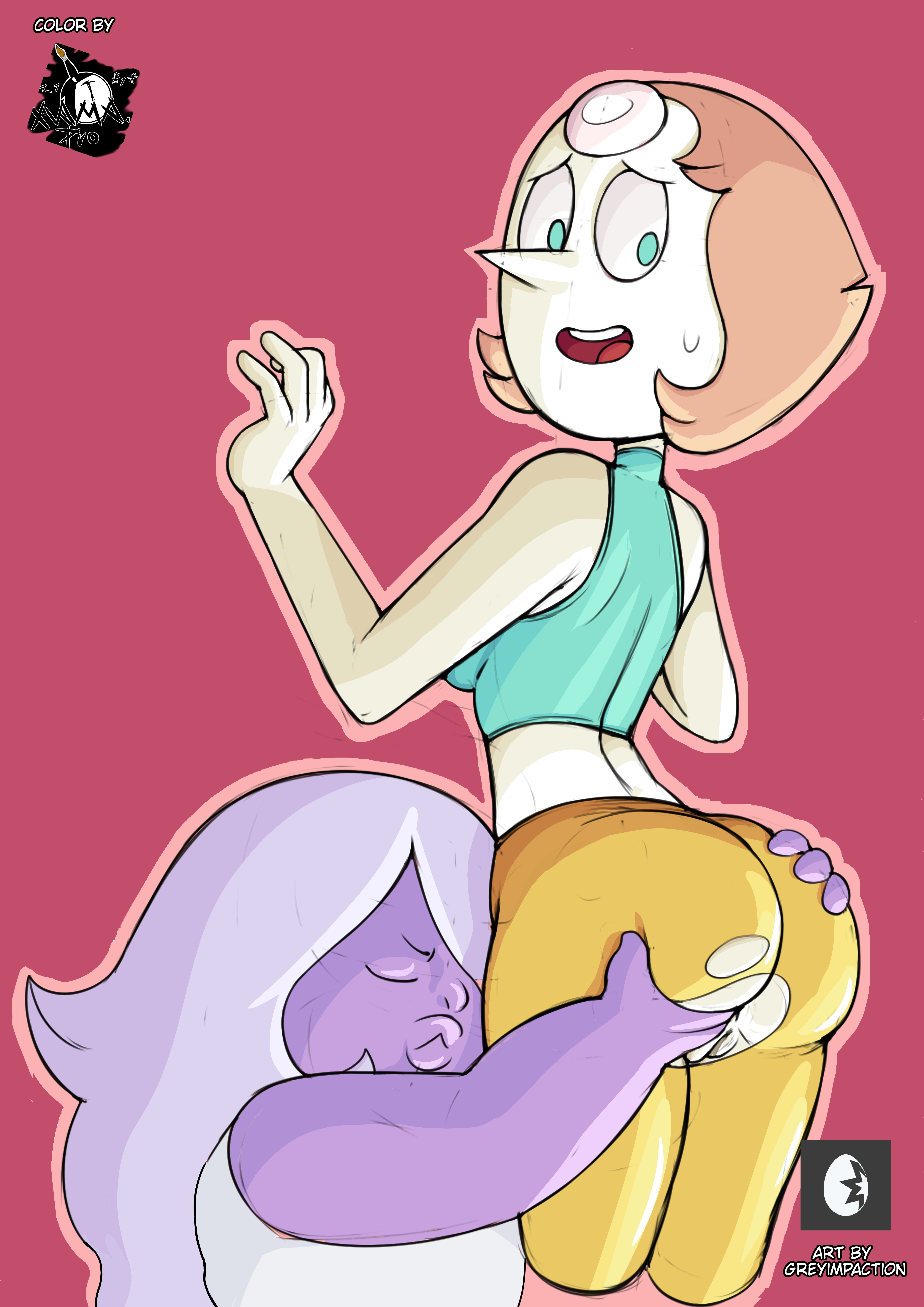 amethyst (steven universe), ass, ass grab, big ass, cartoon network, colored, female, female face near ass, female only, gem (species), grey impact, pearl (steven universe), pussy, ripped clothing, steven universe, worried, xama.pro, yuri