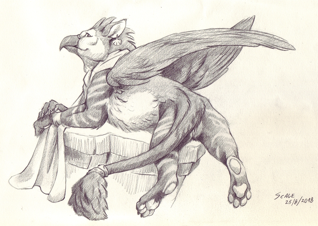 2018 avian beak feathered_wings feathers female feral gryphon monochrome nude pussy rear_view rezzit scale_(artist) solo wings