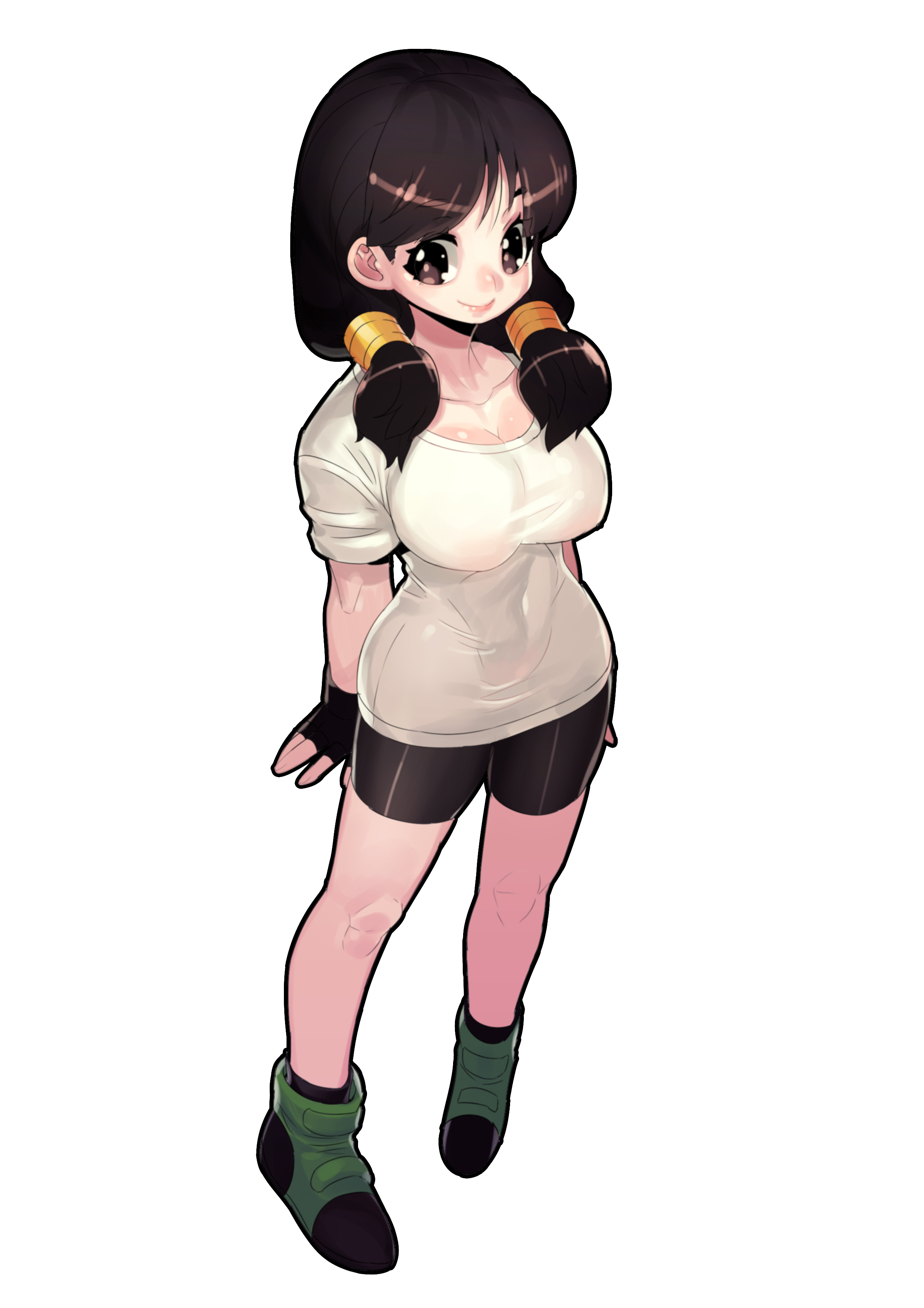 1girls, abs, artist request, belly, big breasts, bike shorts, black hair, breasts, brown eyes, cleavage, clothed, dragon ball, dragon ball z, eyelashes, female, female only, fingerless gloves, gloves, highres, human, long hair, pink nipples, shirt, shoes, shorts, smile, source request, standing, thin waist, twintails, videl, white background