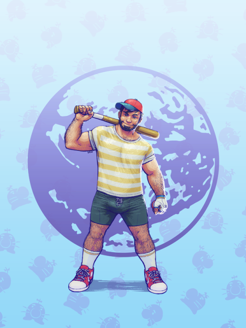 1boy 2017 bara baseball_bat baseball_cap bulge clothed earthbound earthbound_(series) facial_hair hairy human leoleus male male_only mother_(series) muscle ness nintendo solo super_smash_bros.