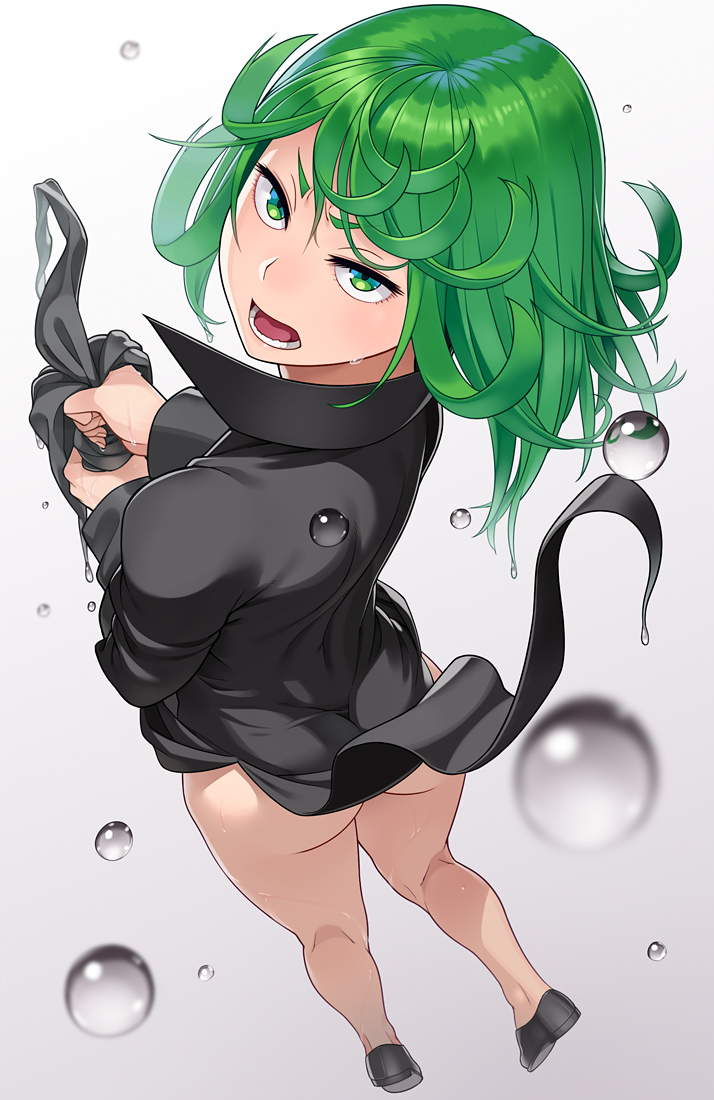 1girls, ass, clothing, female, flats, green eyes, green hair, looking at viewer, one-punch man, open mouth, shoes, solo, solo focus, superheroine, tatsumaki, wet