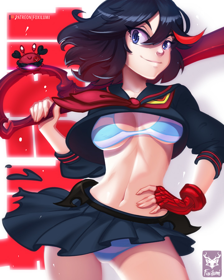 1girls black_hair blue_eyes blue_striped_bra blue_striped_panties bra breasts canon_panties female foxilumi hand_on_hip kill_la_kill looking_at_viewer matoi_ryuuko navel panties school_uniform senketsu shimapan shirt_lift short_hair skirt skirt_lift smile solo striped striped_bra striped_panties two_tone_hair upskirt