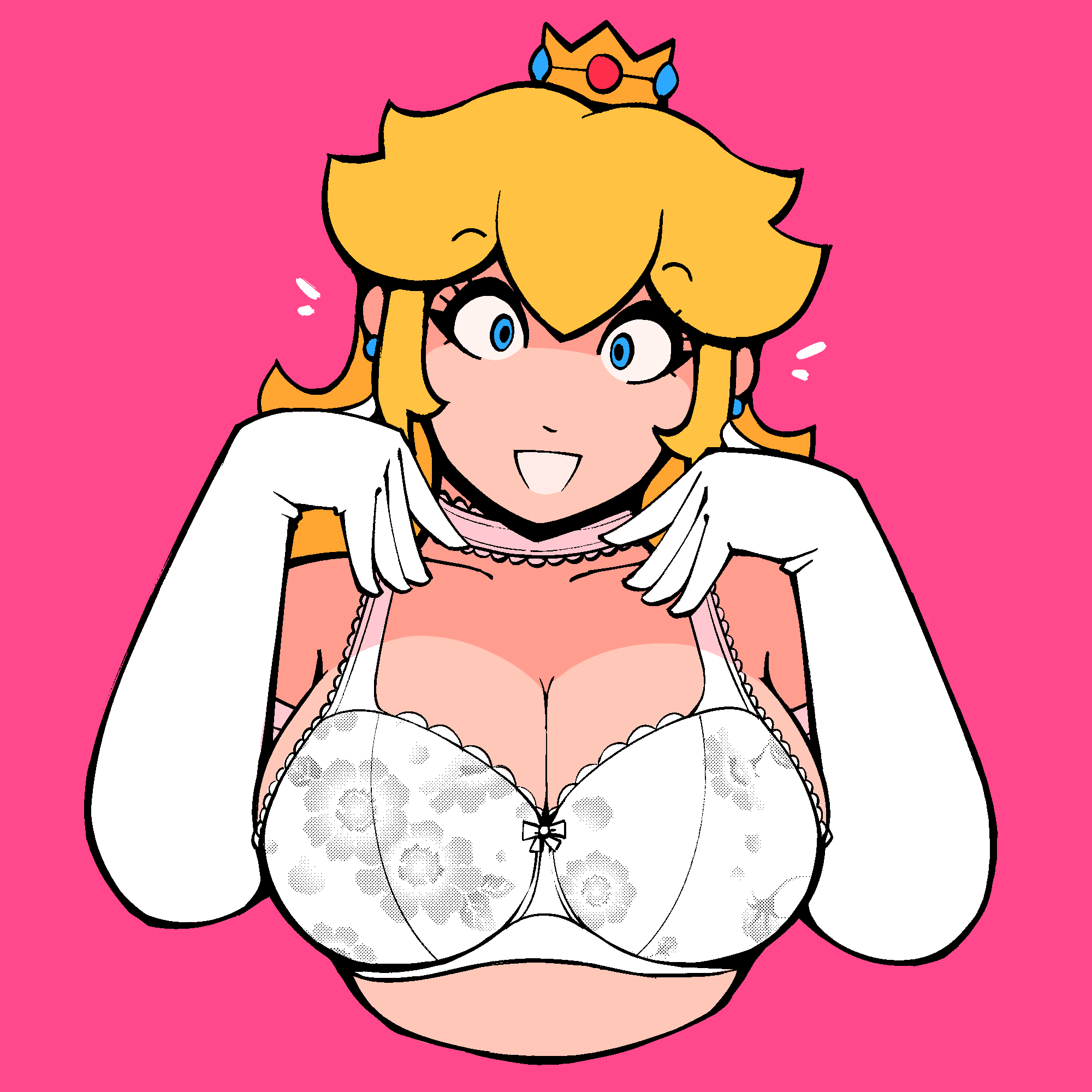 1girls, bangs, big breasts, blonde hair, blue eyes, bra, breasts, cdlum, choker, cleavage, crown, earrings, elbow gloves, eyebrows visible through hair, female, female only, gloves, huge breasts, jewelry, large breasts, long hair, looking at viewer, mario (series), nintendo, pink background, princess peach, simple background, solo, underwear, upper body, white bra, white gloves