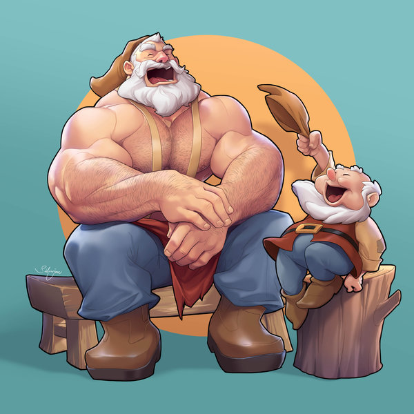 2017 2boys bara beard disney dual_persona dwarf facial_hair happy happy_(snow_white) human male male_only muscle muscular partially_clothed reinterpretation shirtless silverjow snow_white_and_the_seven_dwarfs topless white_hair