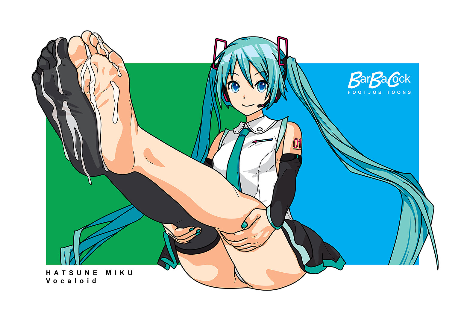 1girl, 1girls, aqua eyes, aqua hair, barbacock, barefoot, black thighhighs, blue eyes, blue hair, blue nail polish, blue nails, clothed, cum, cum on body, cum on feet, cum on socks, cum on soles, dated, detached sleeves, feet, female, foot fetish, foot focus, footjob, footjob with legwear, footwear, foreshortening, hatsune miku, headset, legs, long hair, looking at viewer, nail polish, necktie, no shoes, painted nails, panties, pantyshot, semen, single thighhigh, sitting, skirt, smile, sock removed, socks, soles, solo, stocking, stockings, thighhighs, toenails, toes, twintails, underwear, very long hair, vocaloid, vocaloid 4, white panties