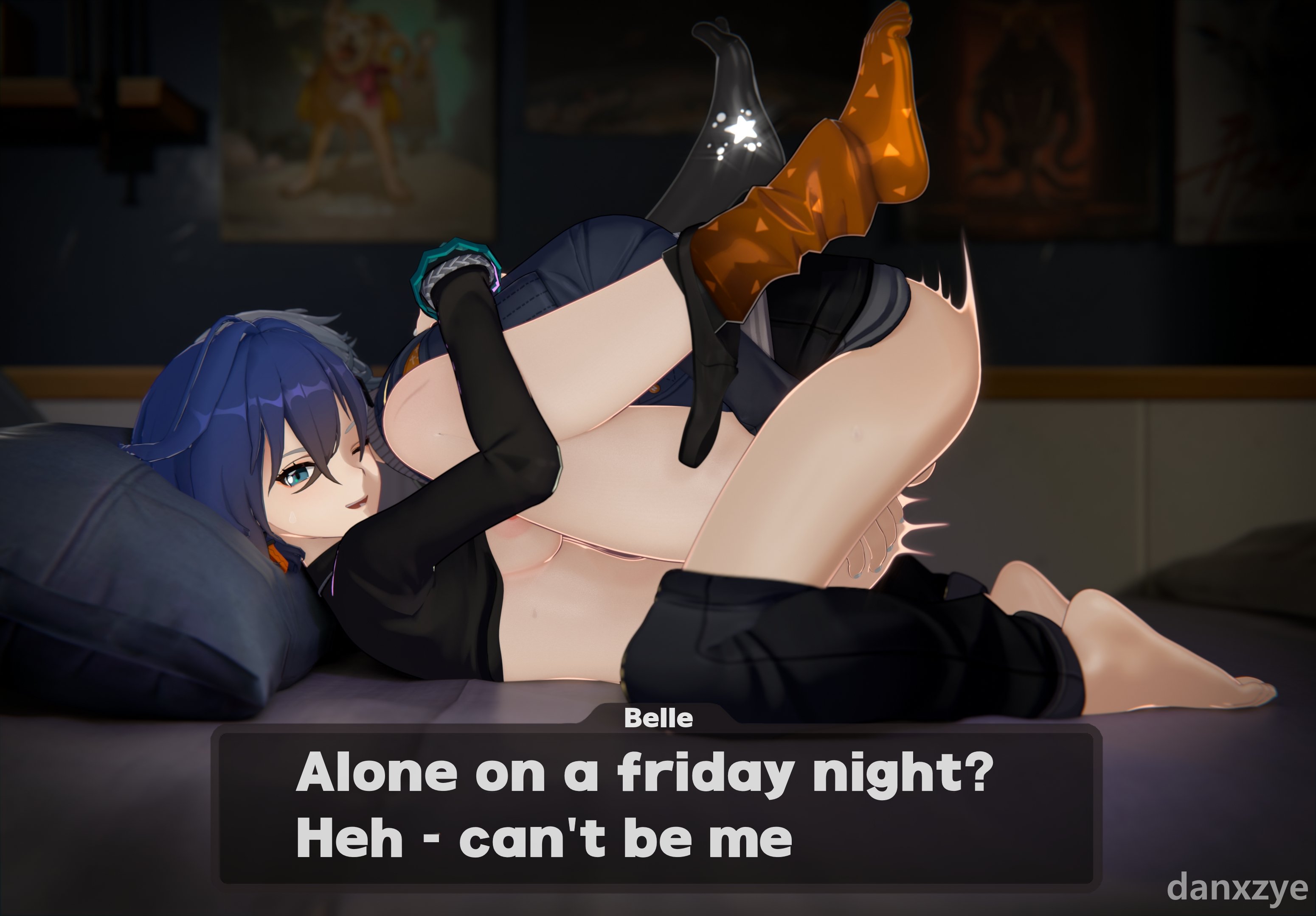 1boy, 1girls, 3d, 3d (artwork), artist name, bedroom, belle (zenless zone zero), blue hair, brother and sister, danxzye, english text, hoyoverse, incest, indoors, light skin, light-skinned female, light-skinned male, looking at viewer, mating press, mihoyo, on bed, panties around one leg, posters, pov, room, speech box, text, text box, wink, wise (zenless zone zero), zenless zone zero