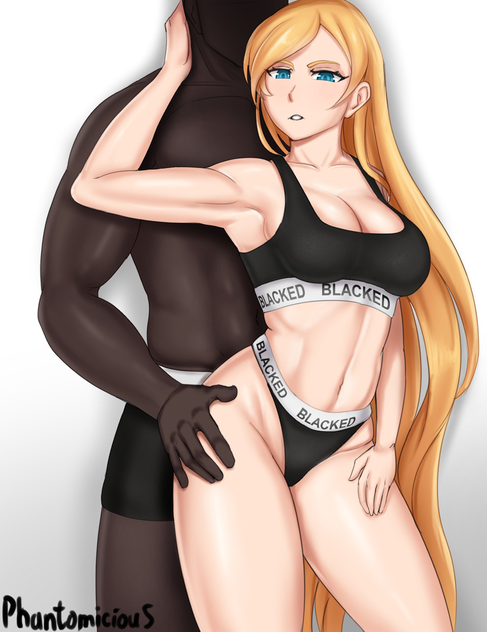 1boy, 1girls, artist name, belly button, big breasts, black bra, black panties, blacked, blacked clothing, blonde hair, blue eyes, boxers (clothing), bra, breasts, dark skin, dark-skinned male, fit, fit female, fit male, guilty gear strive, interracial, light skin, light-skinned female, lingerie, lingerie only, millia rage, phantomicious, simple background, toned, toned female, toned male, underwear, underwear only, very dark skin