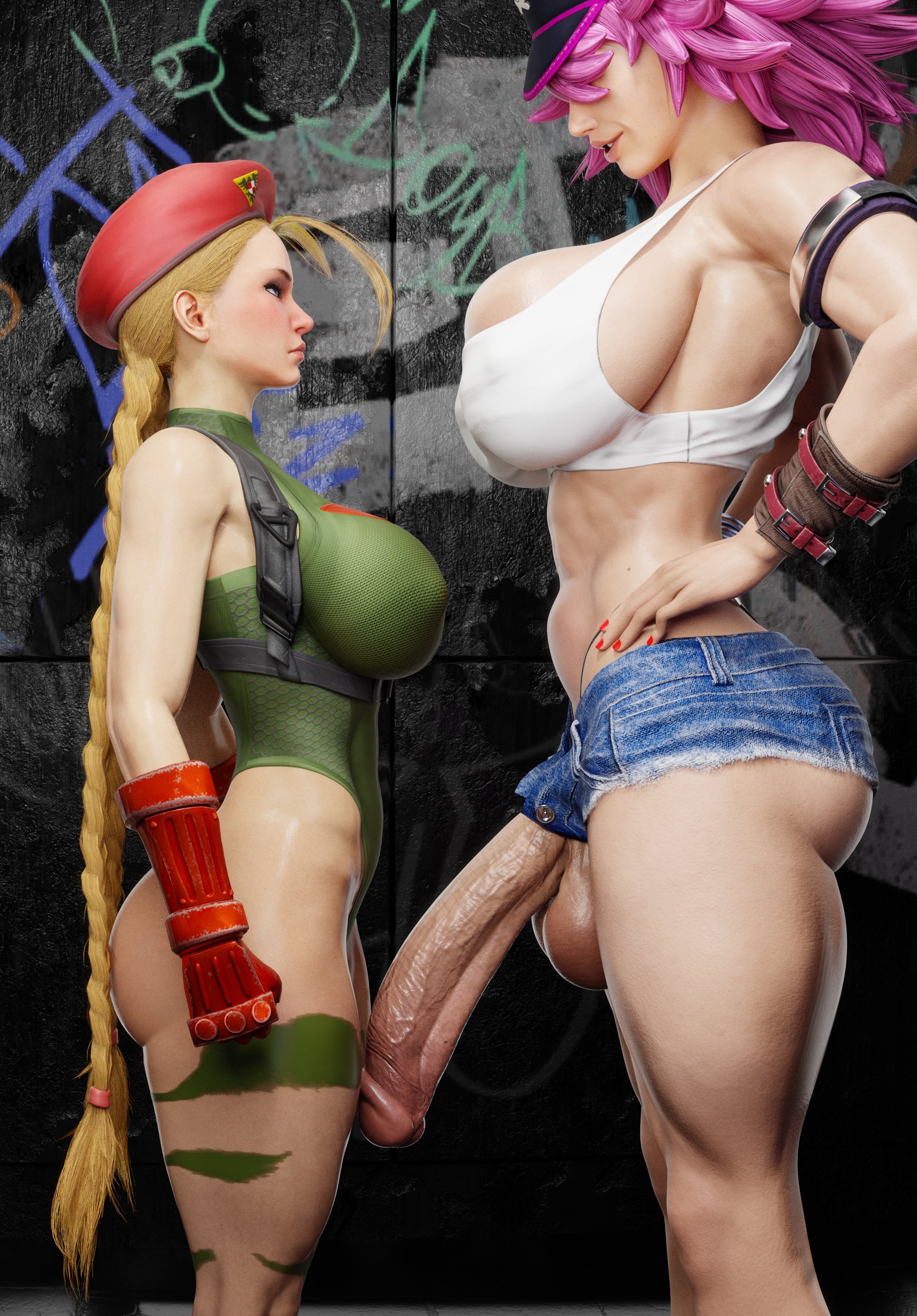 1futa, 1girls, 3d, big breasts, big penis, blonde hair, cammy white, canon futa, crossover, female, final fight, futa on female, futanari, height difference, imminent sex, leotard, light skin, light-skinned female, light-skinned futa, muscular, muscular female, muscular futa, newhalf, nipple bulge, pink hair, poison (final fight), skindentation, street fighter, tagme, trans woman, transfem, zzzxxxccc