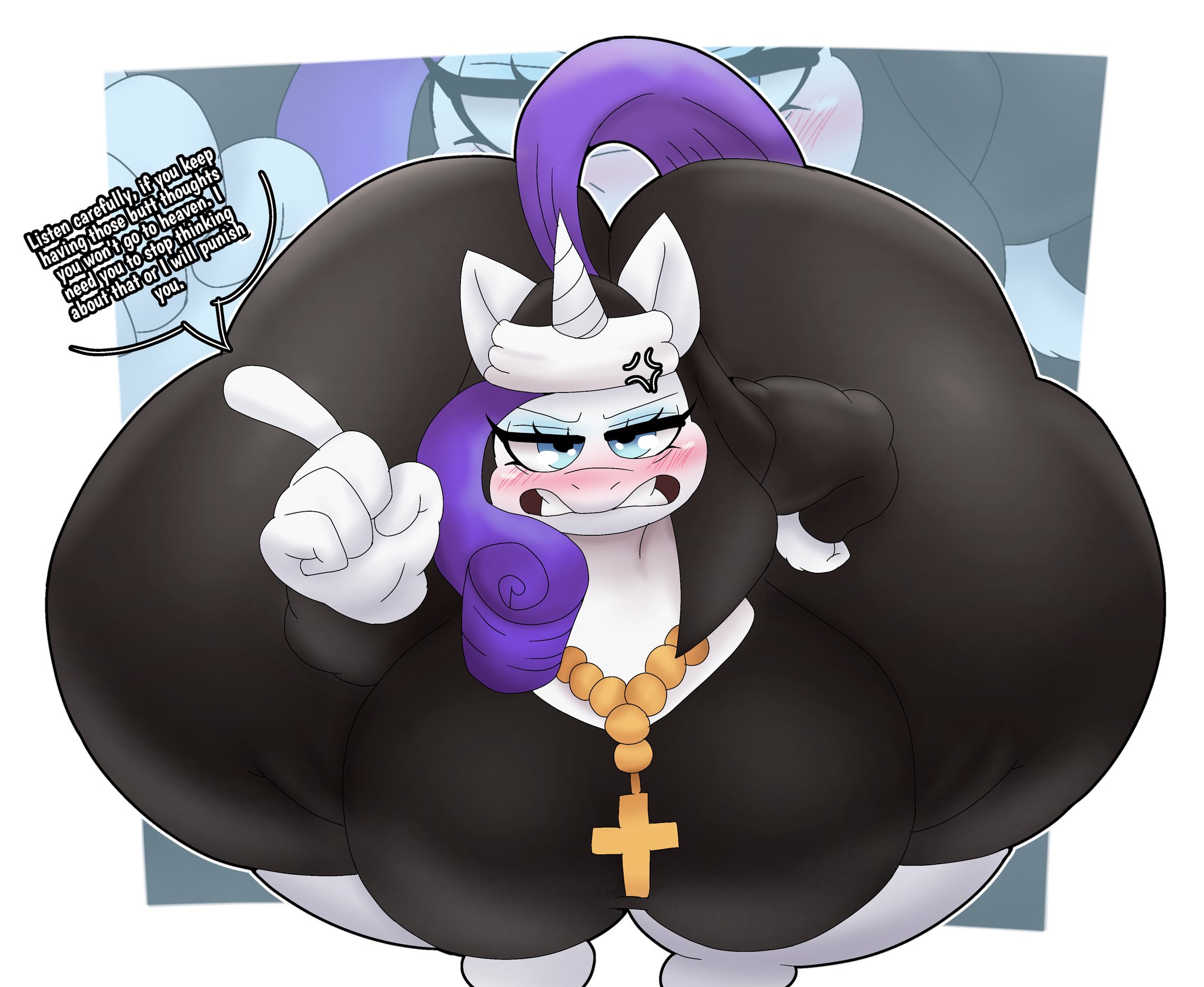 1girls, 5 fingers, anger vein, anthro, ass, big ass, blue eyes, blush, breasts, bubble ass, clenched teeth, clothed, clothing, cross, cross necklace, equine, eyelashes, female, female only, flustered, front view, furry, gritted teeth, hand on hip, hasbro, horse, hyper ass, leaning forward, mascara, meme, my little pony, nun, nun outfit, pointing, pointing up, purple hair, rarity (mlp), scolding, slight blush, solo, stop thinking about sex, tail, talking to viewer, text, thedeathcrow05, unicorn, veil, white body, white fur, wide ass, wide hips