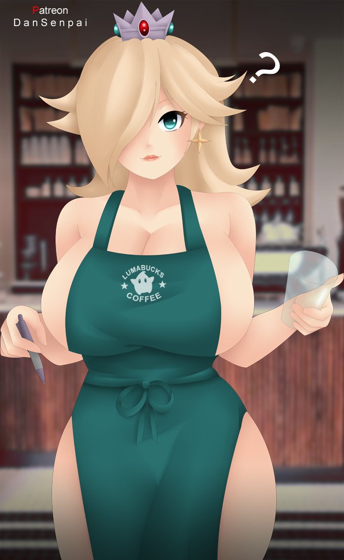 1girls, apron, bare shoulders, big breasts, blonde hair, blue eyes, breasts, cafe, curvy, curvy figure, dansenpai, earrings, female, female only, holding cup, holding object, long hair, mario (series), nintendo, partially clothed, partially nude, princess rosalina, star earrings, tiara, voluptuous, voluptuous female