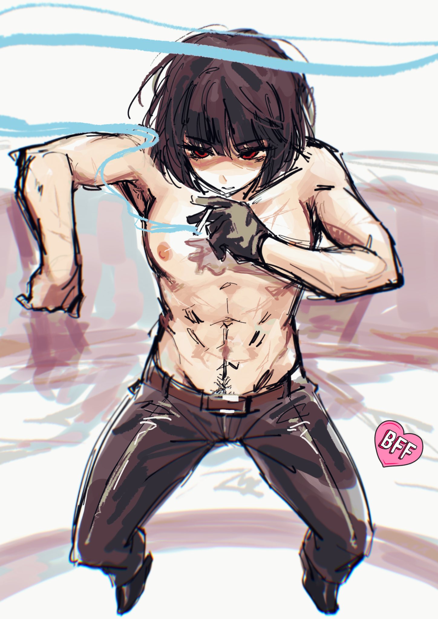 abs, armpit hair, armpits, bottomwear, breasts, breasts out, cigarette, cigarette in mouth, cigarette smoke, happy trail, liliesbloom4me, limbus company, muscular, muscular female, project moon, pubic hair, ryoshu (limbus company), small breasts, smoking, tagme, topless