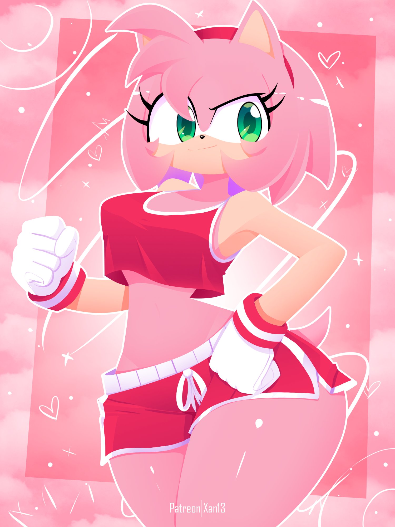 2d, 2d (artwork), 2d artwork, amy rose, big ass, big boobies, big booty, big breasts, big butt, big nipples, big thighs, big titties, busty, busty female, curvy, curvy figure, determined, diadem, eyelashes, gloves, green eyes, hourglass figure, hourglass figured female, huge ass, huge butt, huge thighs, large breasts, pink fur, pink hair, sega, sonic (series), sonic the hedgehog (series), sports bra, sports shorts, sportswear, thick ass, thick butt, thick hips, thick legs, thick thighs, thin waist, wide hips, wide thighs, xan-gelx (xan), xan13, xan42705228