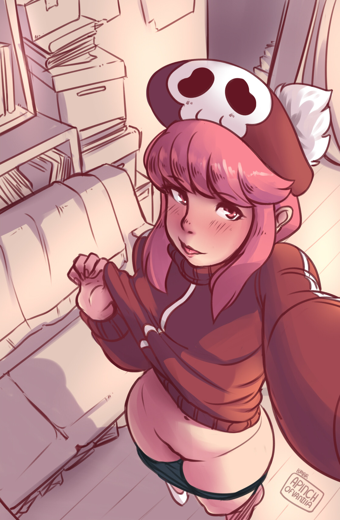 1girls, a pinch of vanilla, blush, clothing, cute, female, female only, from above, jakuzure nonon, kill la kill, navel, nude, panties, panties down, presenting, selfie, solo, text, watermark