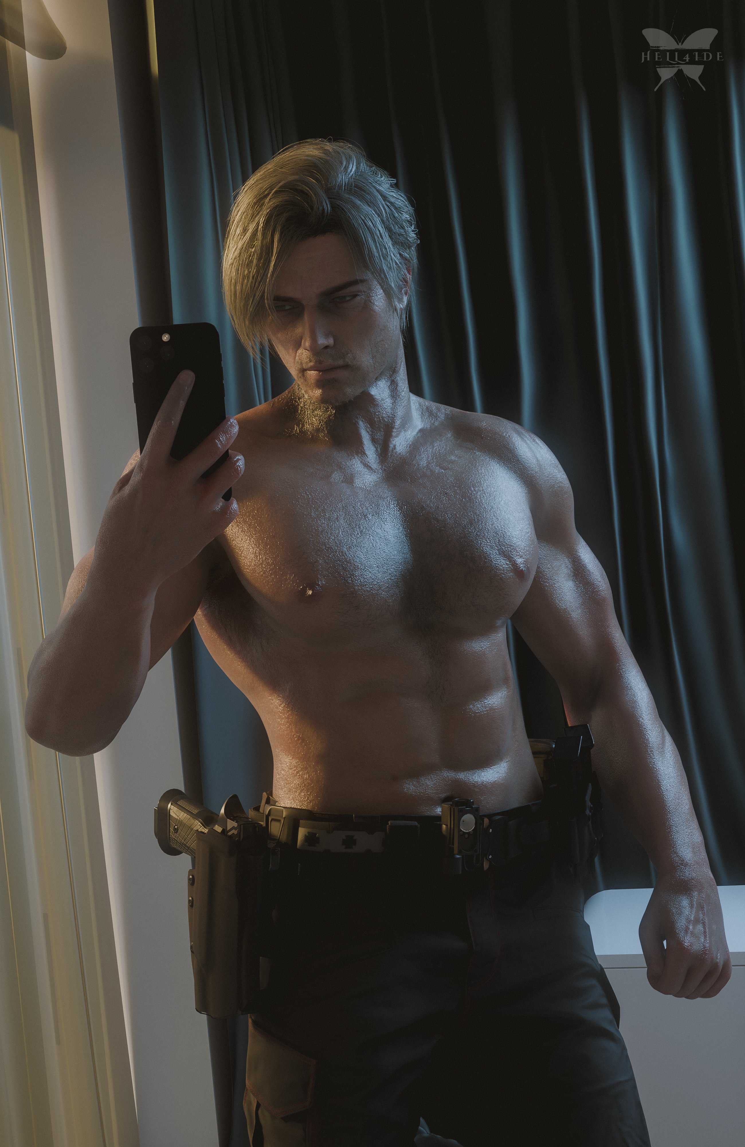 hell4ide, leon scott kennedy, male focus, male only, mature male, muscular male, pants only, resident evil, shirtless, shirtless male, solo male