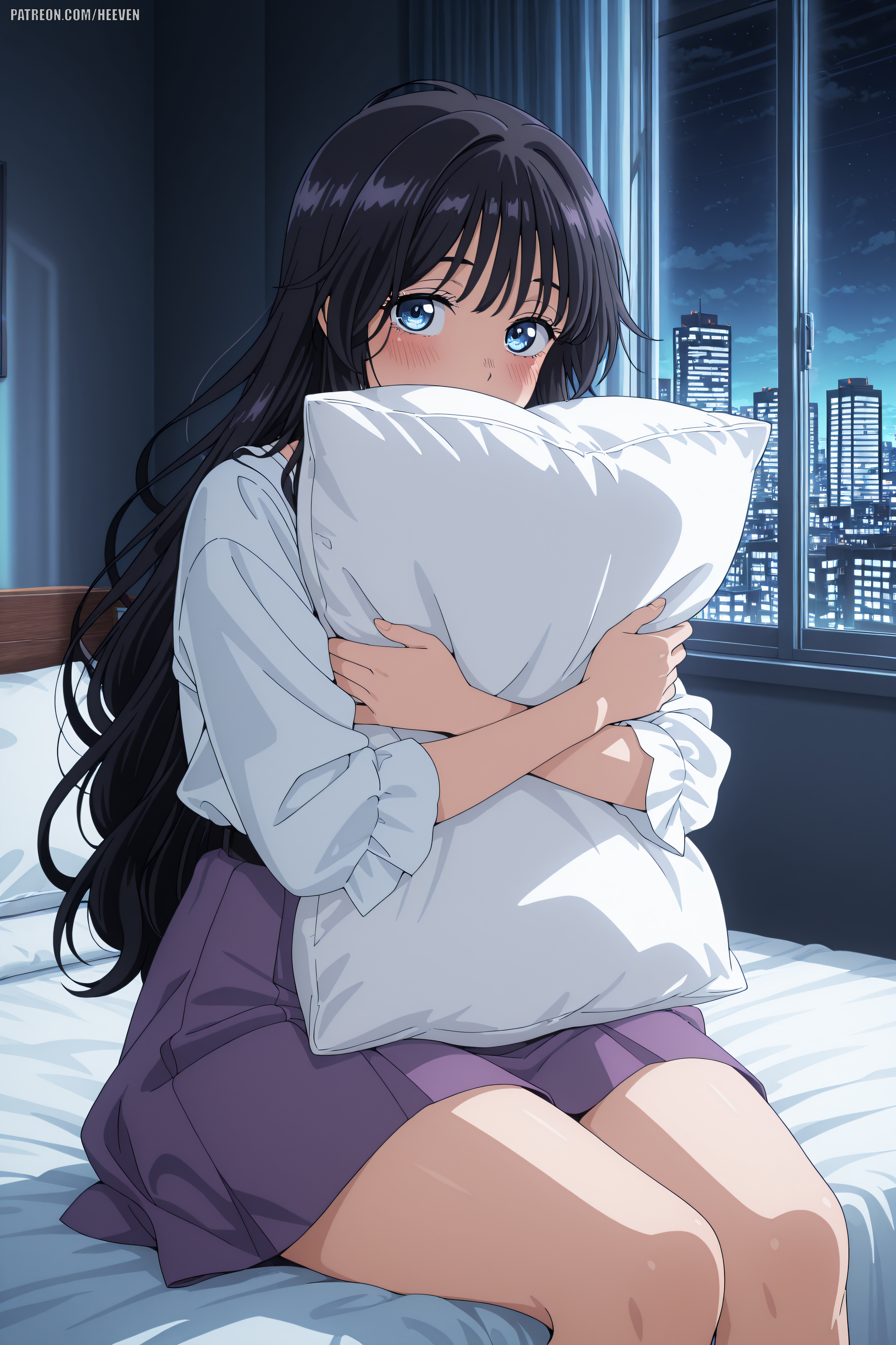 1boy, 1girls, absurdres, adult, ai generated, big breasts, breasts, female, heeven, highres, human, kaoru hana wa rin to saku, light skin, long hair, mature, perfect body, pillow grab, sitting on bed, uncensored, waguri kaoruko