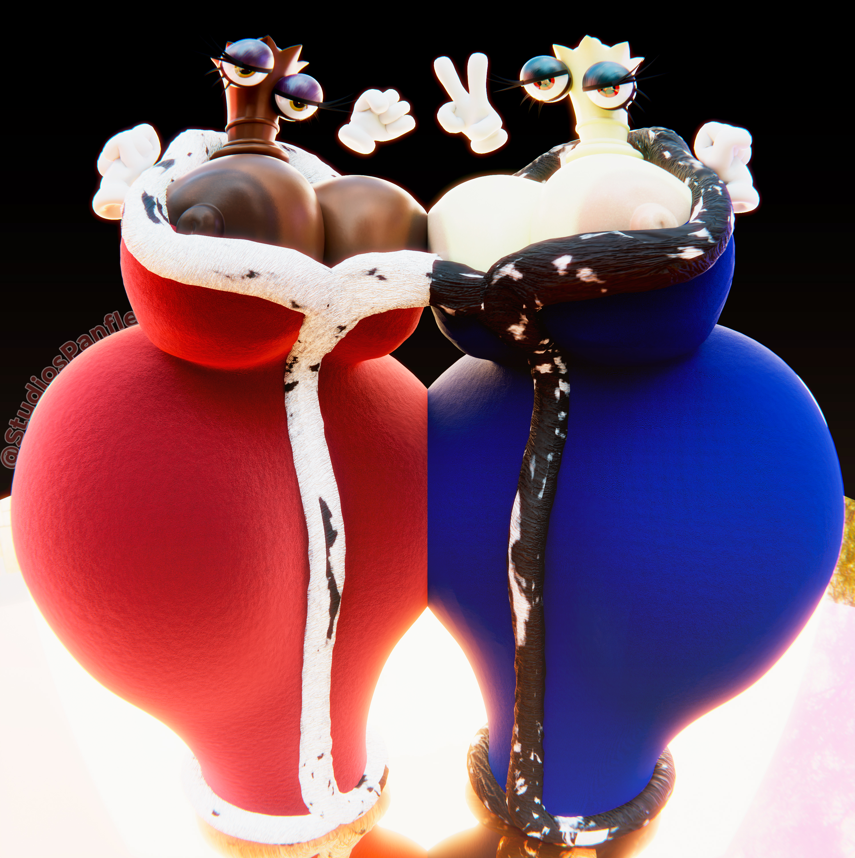 2girls, 3d, anthro, ass, big ass, big breasts, big nipples, breasts, bubble butt, child bearing hips, dat ass, enormous breasts, exhibitionism, fat ass, female, female only, giant ass, giant breasts, gigantic ass, gigantic breasts, hi res, horny, huge ass, huge breasts, hyper breasts, large ass, large breasts, looking at viewer, massive ass, massive breasts, naked, naked female, nipples visible through clothing, nude, nude female, panflestudios, peace sign, plump thighs, queen, queenie (the amazing digital circus), slim waist, tagme, thick thighs, thighs, thunder thighs, v, voluptuous, voluptuous female, wide hips